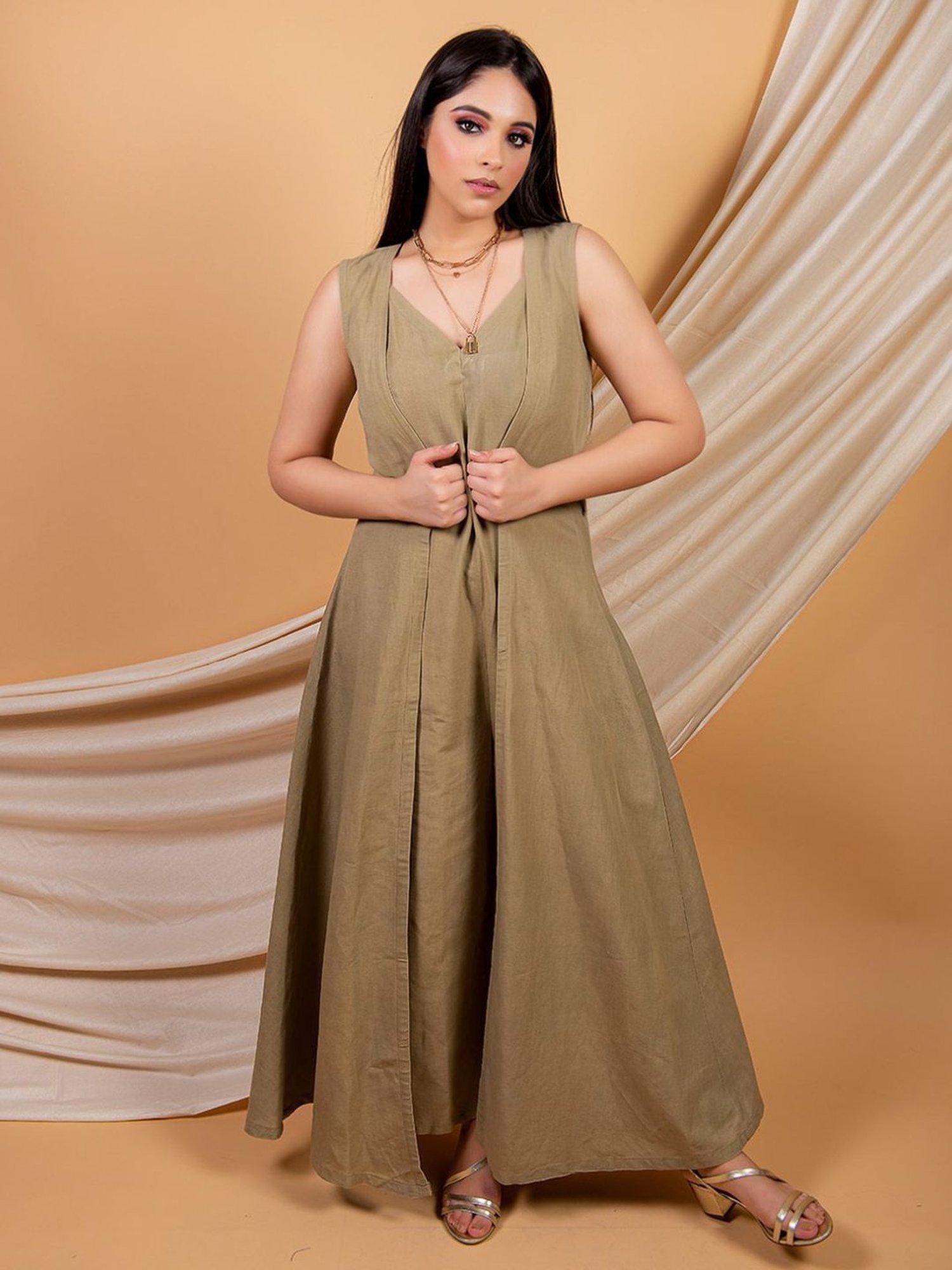 Priya Chaudhary Olive Green Umber Solid Jumpsuit In Cotton Linen Fabric and a Sleeveless Over Wear