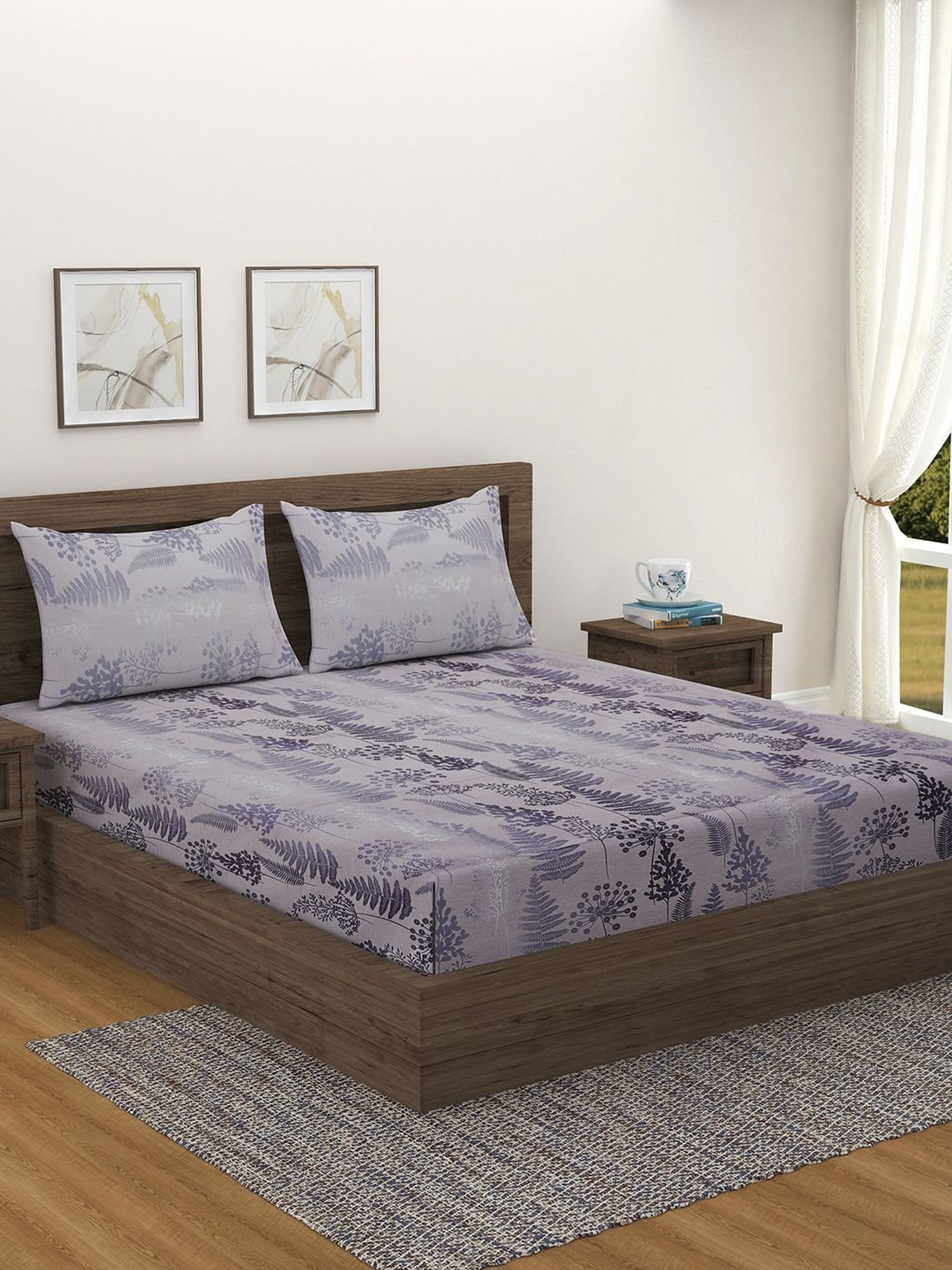 Swayam   Floral Purple & Grey 240 TC Cotton King Bedsheet with 2 Pillow Covers