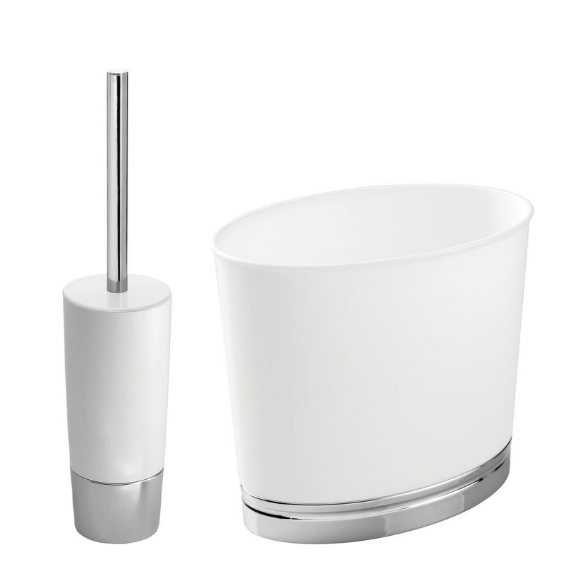 mDesign 2 Piece Plastic Bathroom Set, Bowl Brush and Trash Can - White/Chrome