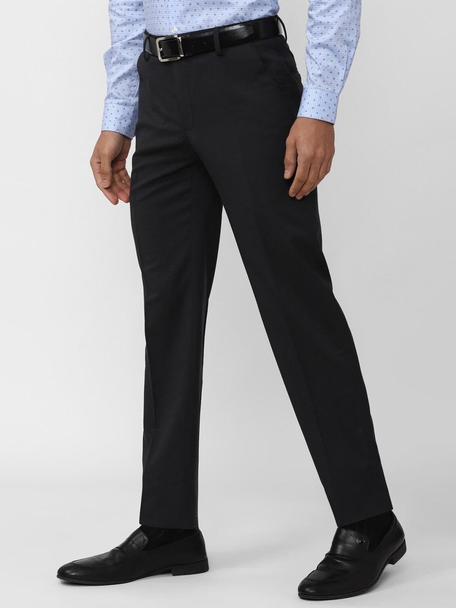 Peter England Black Slim Fit Checks Trousers