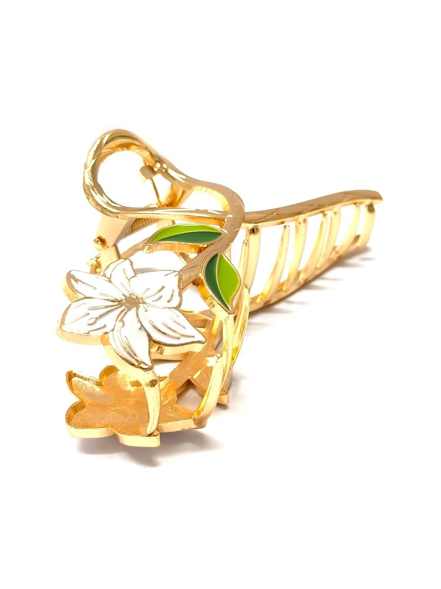 OOMPH Gold Tone White Enamel Lily Floral Shape Large Big Hair Claw