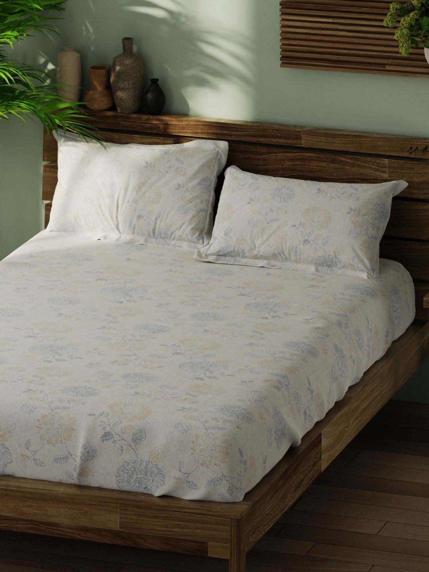 Bianca Organica White & Blue 180 TC Cotton King Bedsheet with 2 Pillow Covers