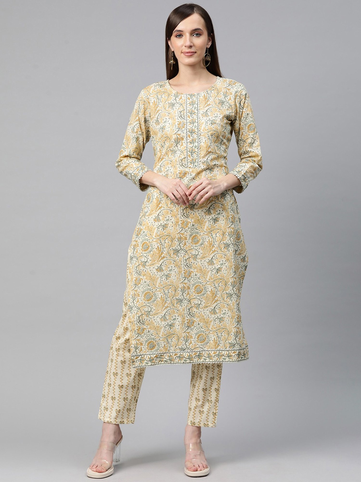 READIPRINT FASHIONS Beige Cotton Floral Print Kurta Pant Set
