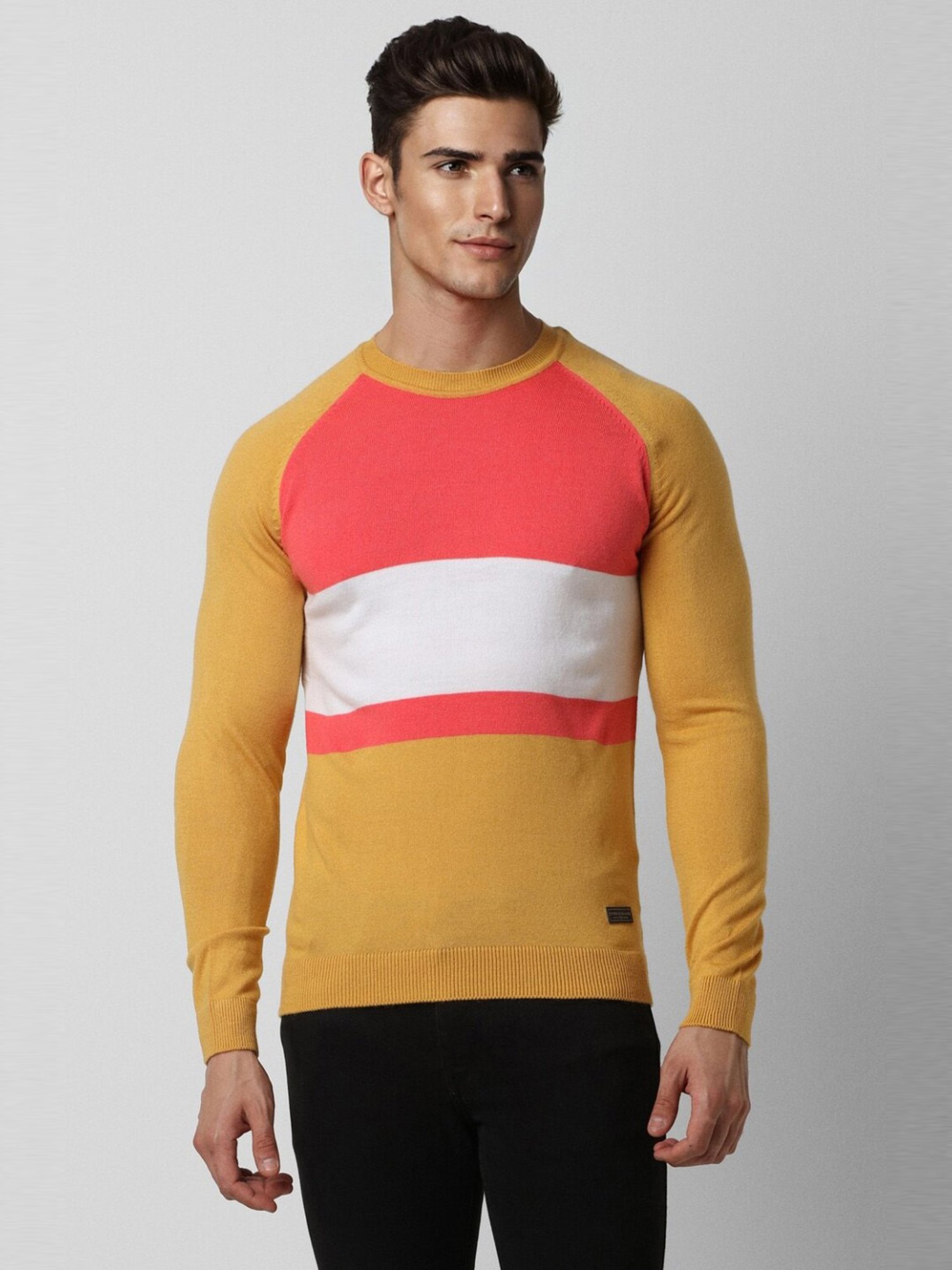 Peter England Yellow Cotton Regular Fit Colour Block Sweater