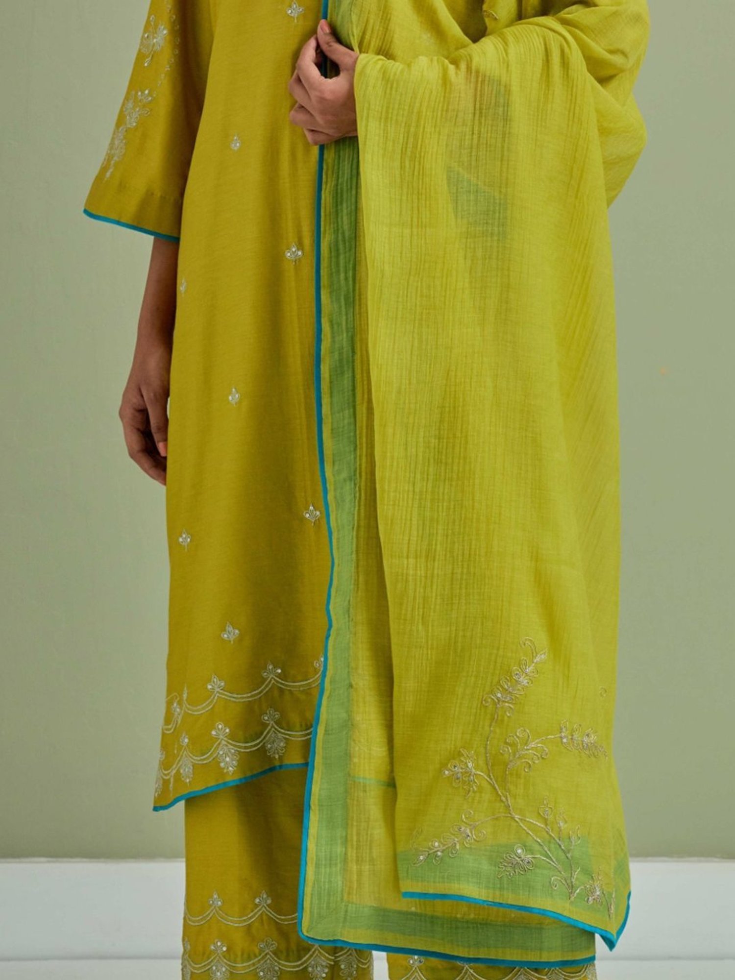 Priya Chaudhary Lime Green Qainat Embroidered Chanderi Silk Kurta