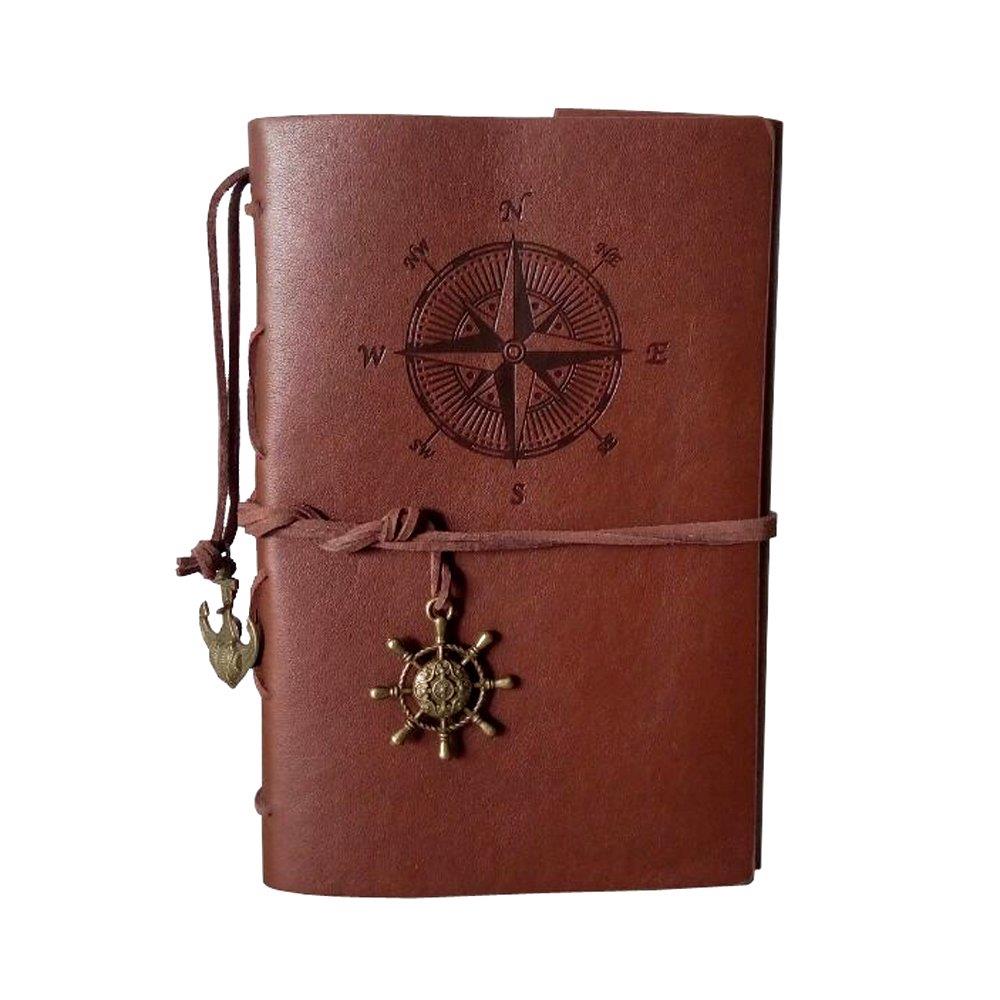 Leather Writing Journal Notebook, 7 Inches Vintage Nautical Spiral Blank String Diary Notepad Sketchbook Travel to Write in, Blank Paper, Retro Pendants, Classic Embossed Cover (Brown)