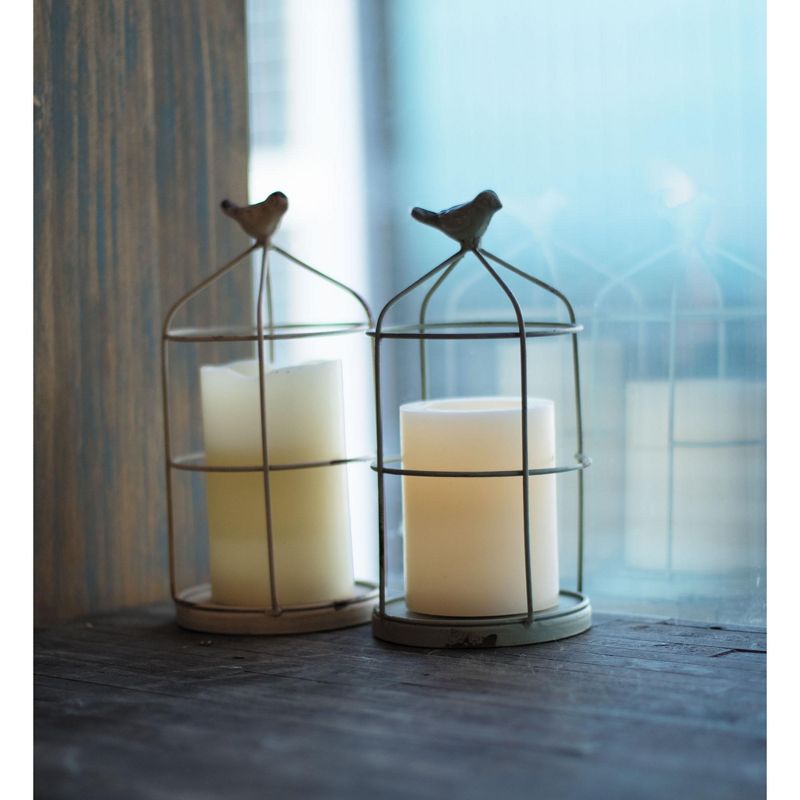 Set of 2 Rustic White and Mint Metal Wire Cage and Bird Pillar Candle Holders - Foreside Home & Garden