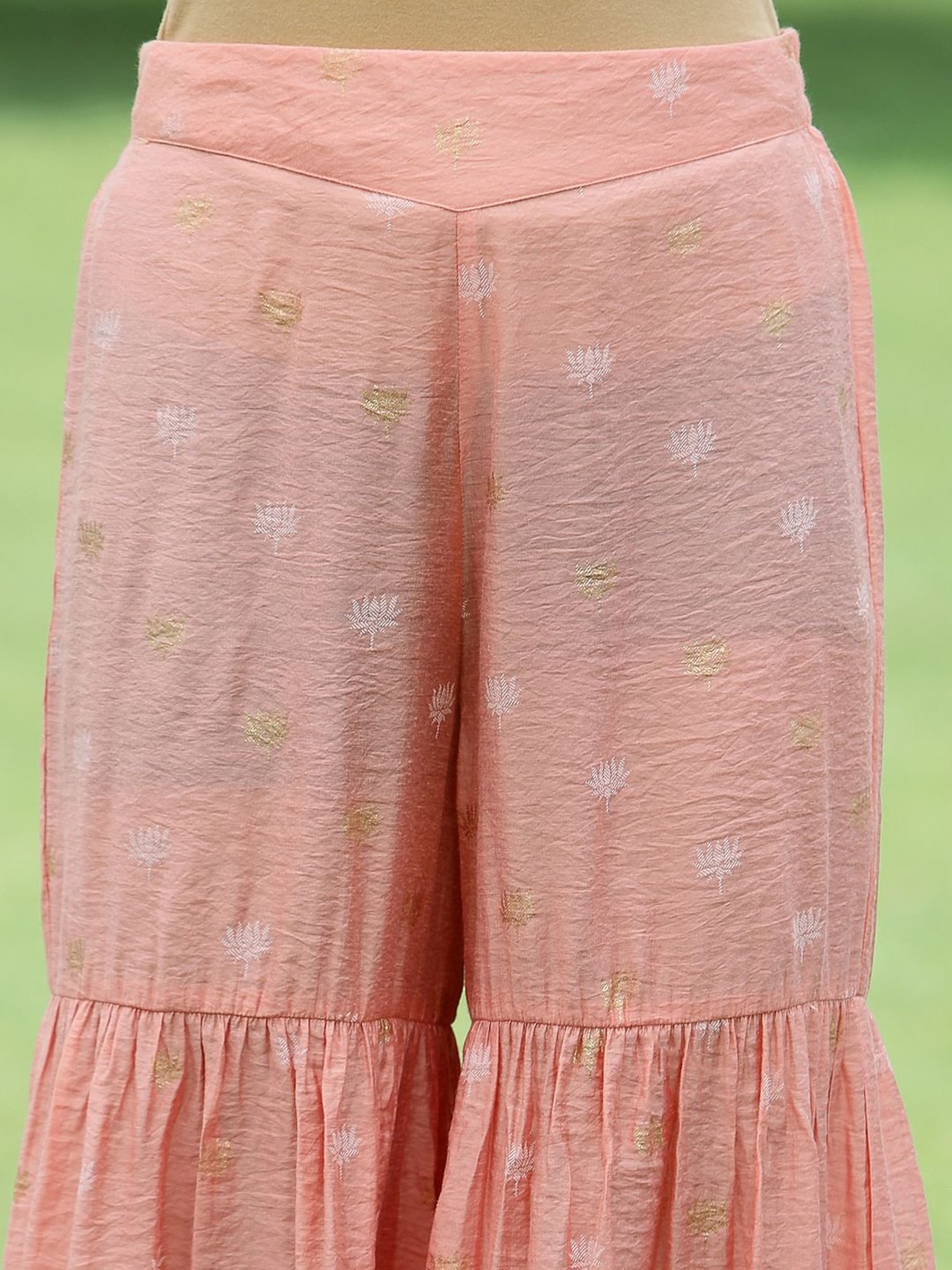 Juniper Peach Ethnic Motif Printed Viscose Muslin Kurta Sharara & Net Dupatta Set