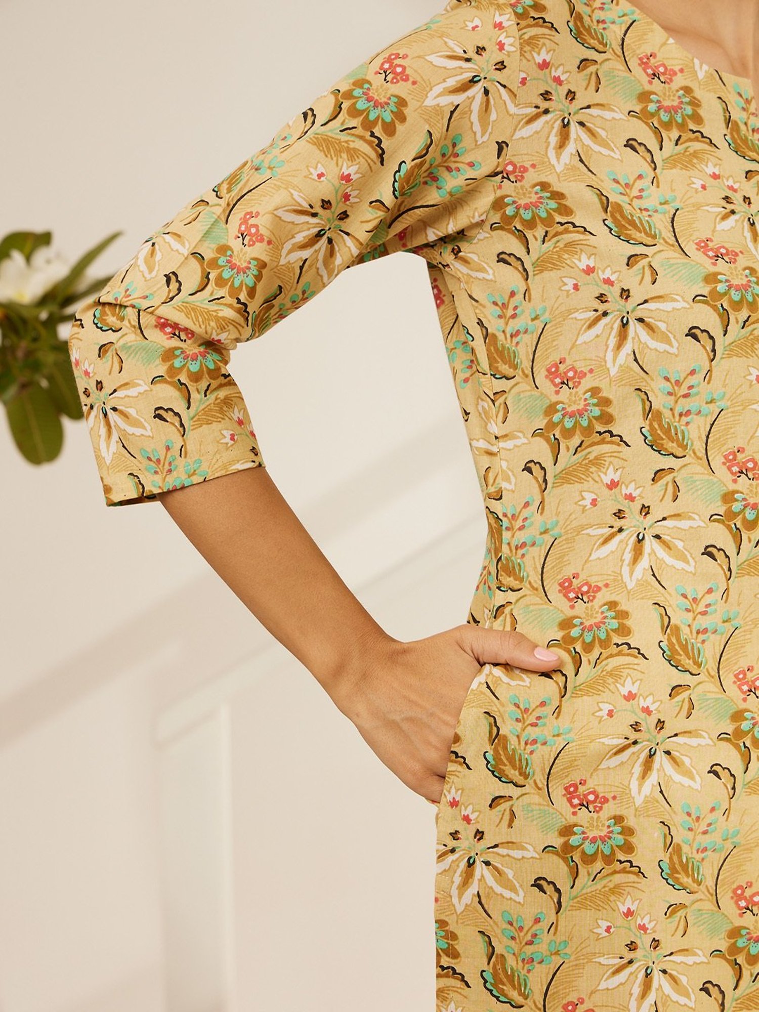 Daali Beige Cambric Basics Round Neck 3/4 Sleeves Kurta with Two Pockets