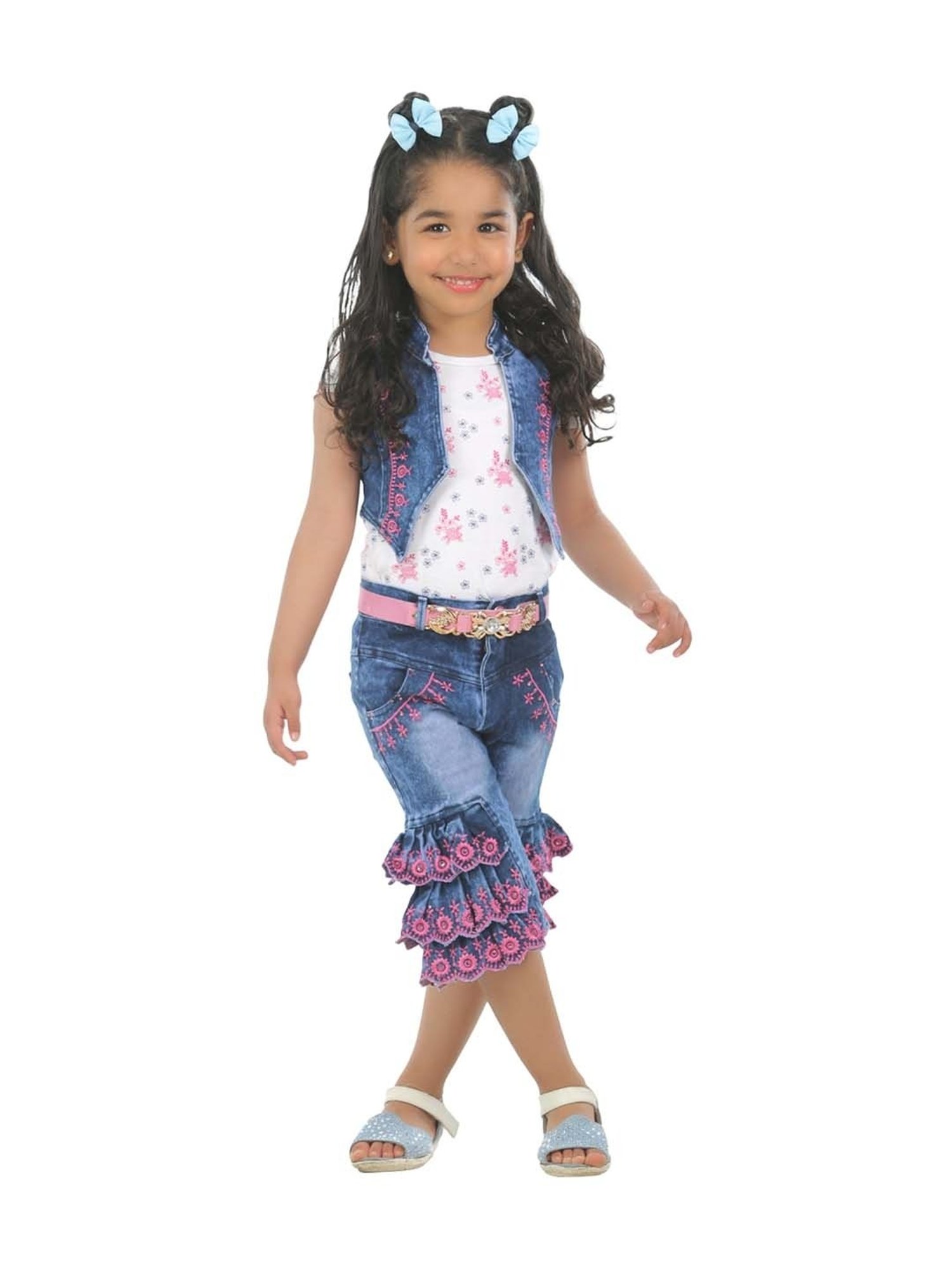 Ahhaaaa Kids White & Blue Floral Print Top Set