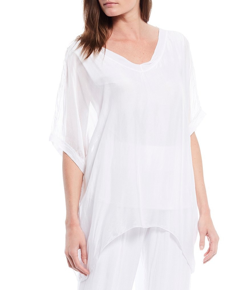 M Made in Italy V-Neck Sheer Sleeve Sharkbite Hem Silky Woven Top