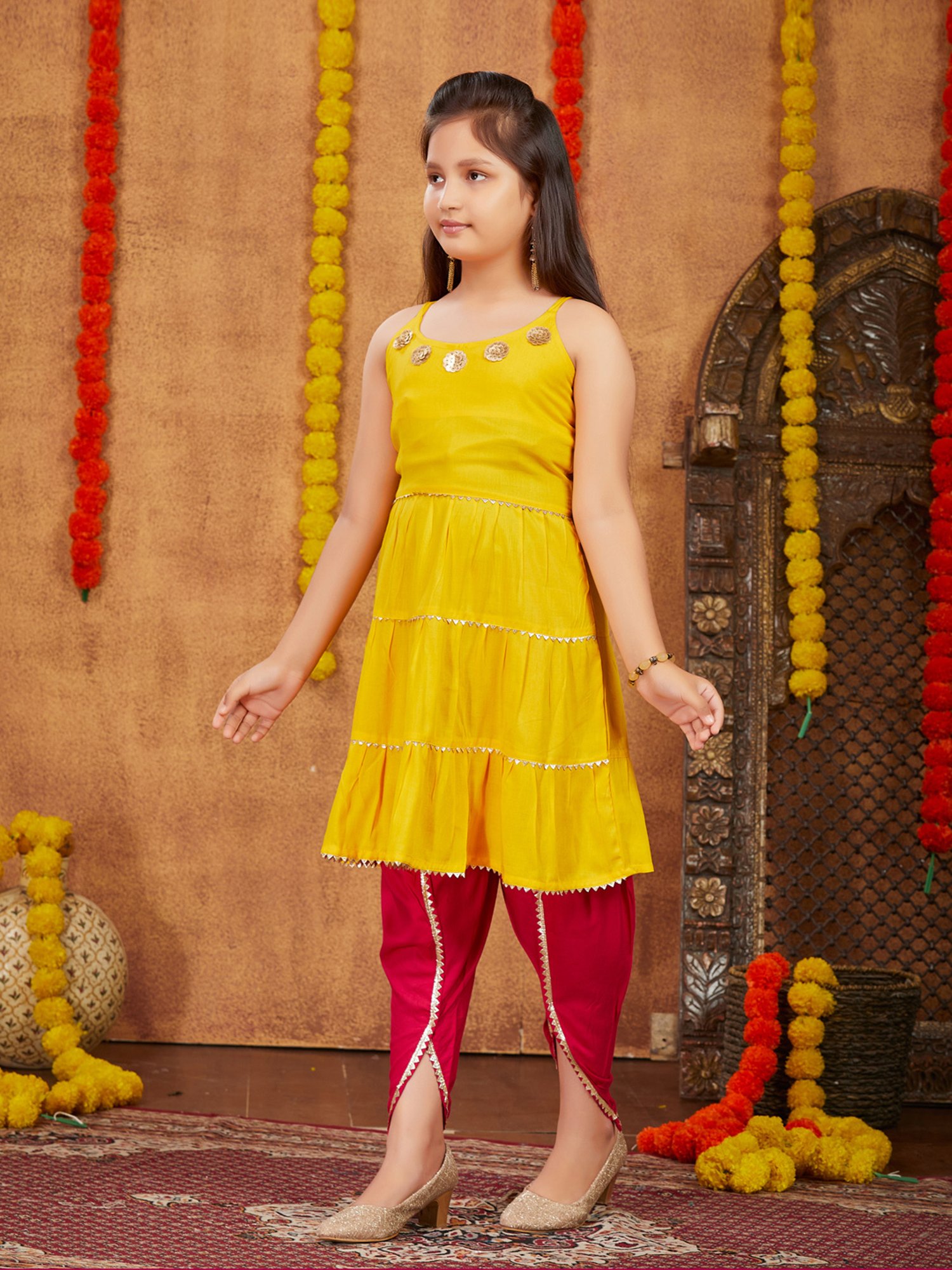 Aarika Kids Yellow & Pink Solid Kurta with Dhoti