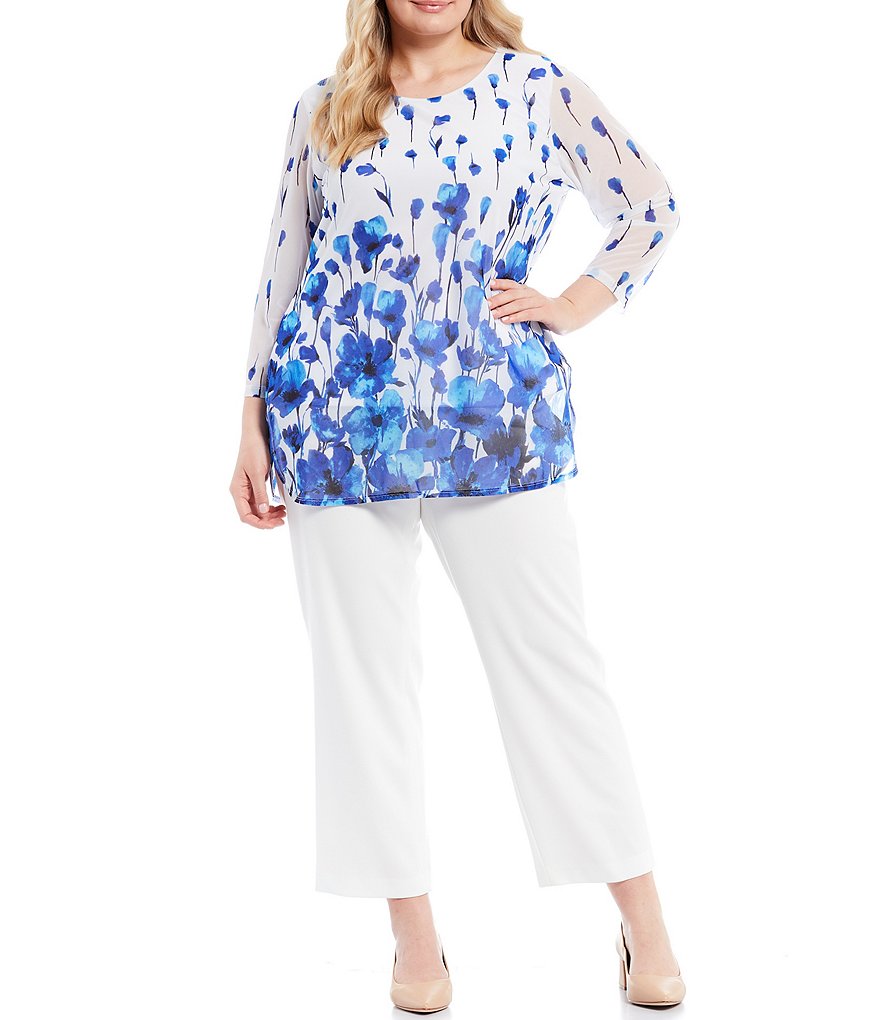 Kasper Plus Size Jewel Neck 3/4 Sleeve Floral Printed Mesh Tunic