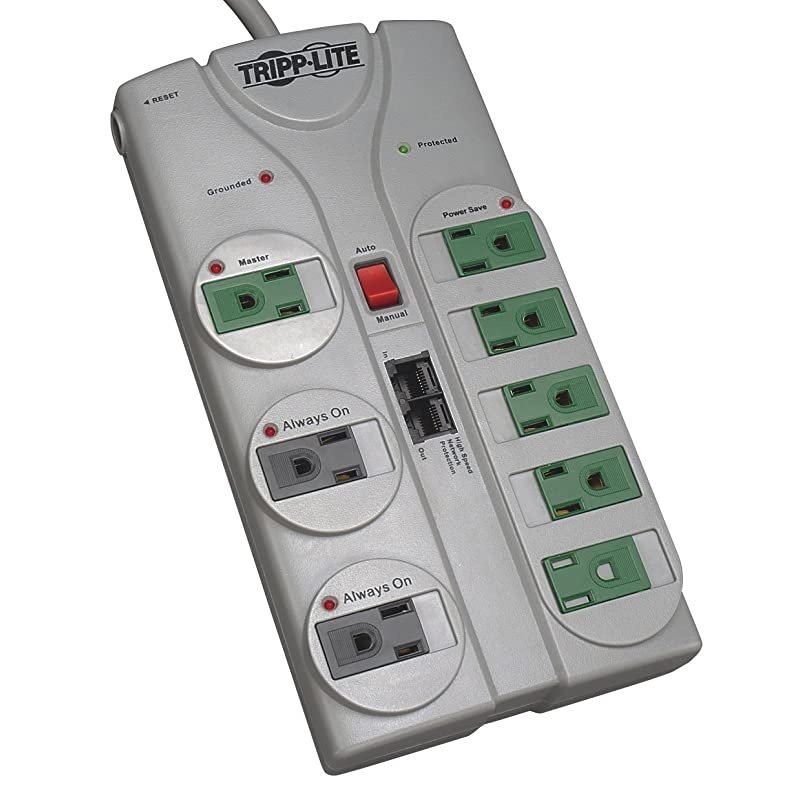 8 Outlet (5 Energy Saving) Surge Protector Power Strip, 8ft Cord, Right-Angle Plug, Lifetime Limited Warranty & $150,000 INSURANCE (TLP808NETG) Grey