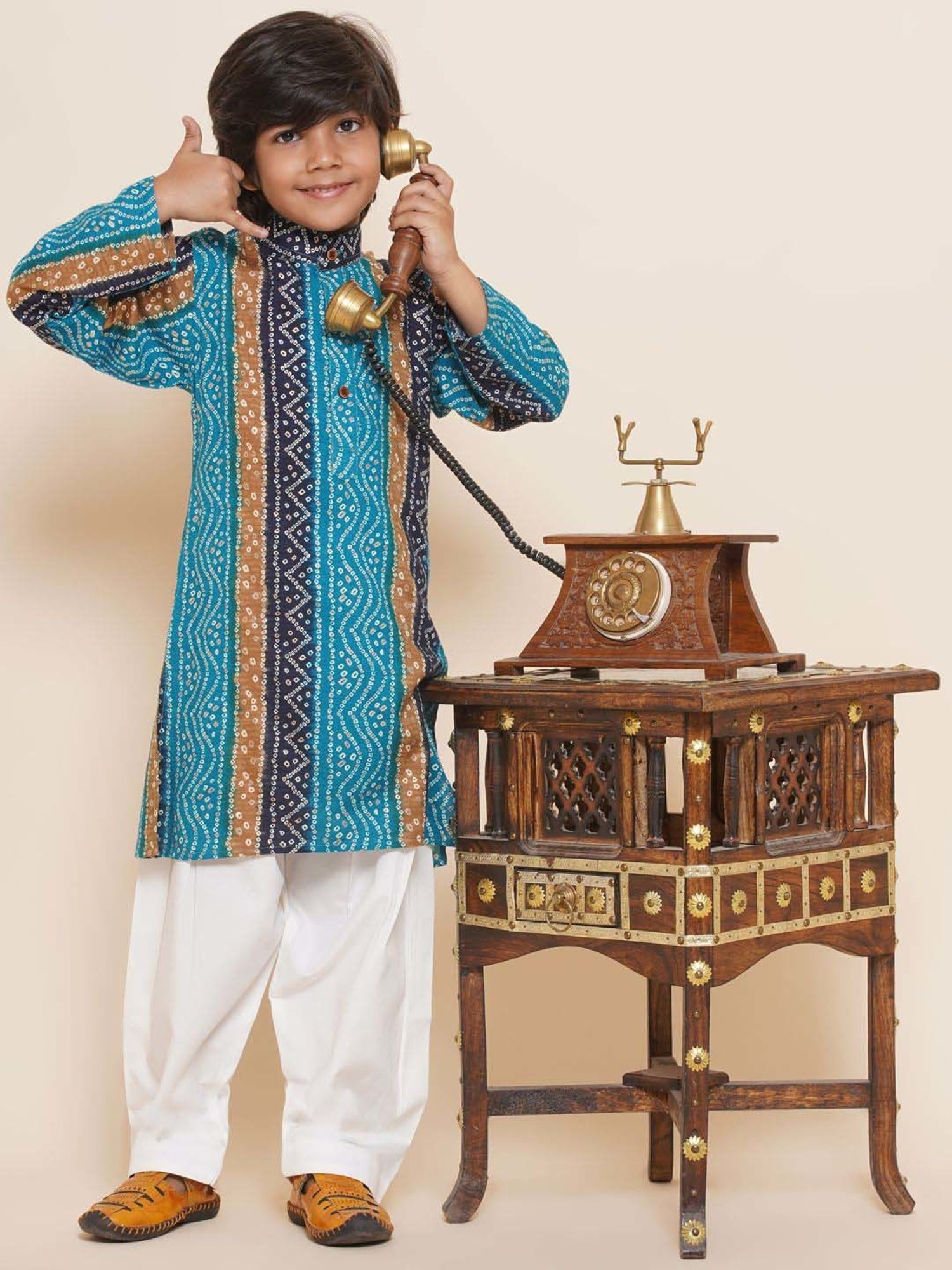 AJ Dezines Kids Blue & White Cotton Printed Full Sleeves Kurta Set