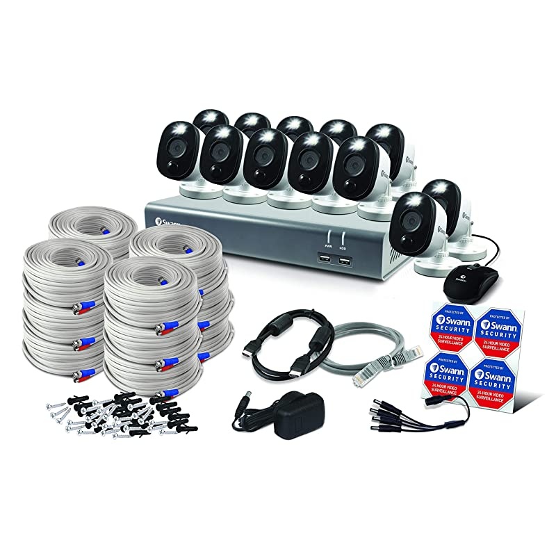 Home Security Camera System, 16 Channel 12 Bullet Cameras, 1080p HD DVR, Indoor/Outdoor Wired Surveillance CCTV, Night Vision, Motion Sensor Lights, Alexa + Google, 1TB HDD, SWDVK-1645812WL