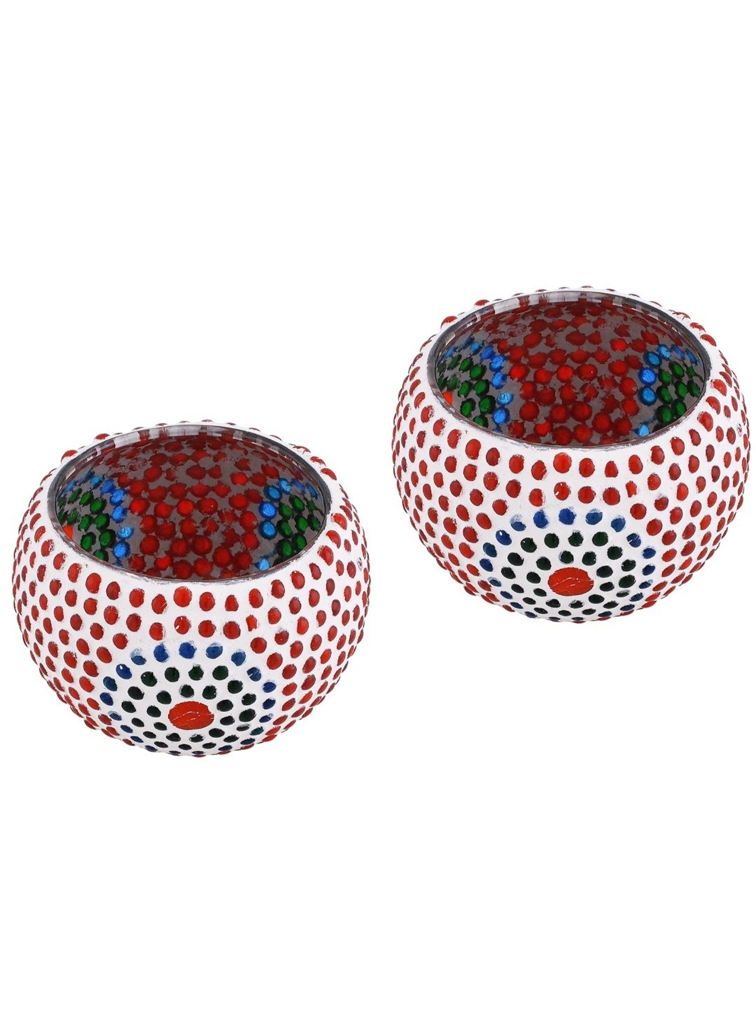 Homesake Round Mosaic Embellished Red Glass Tea Light Candle Holder - Set of 2