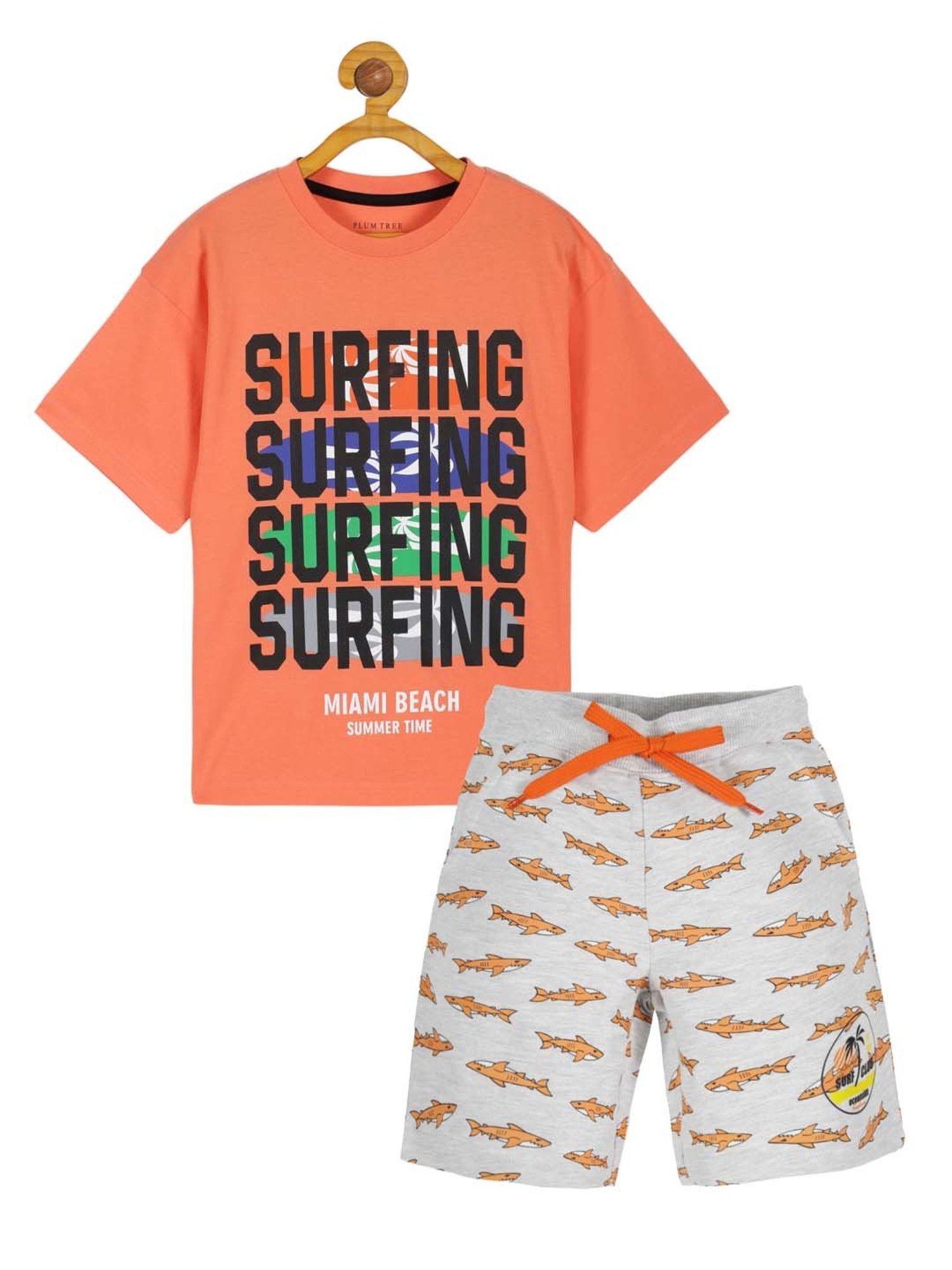 Plum Tree Kids Peach & Grey Cotton Printed T-Shirt Set