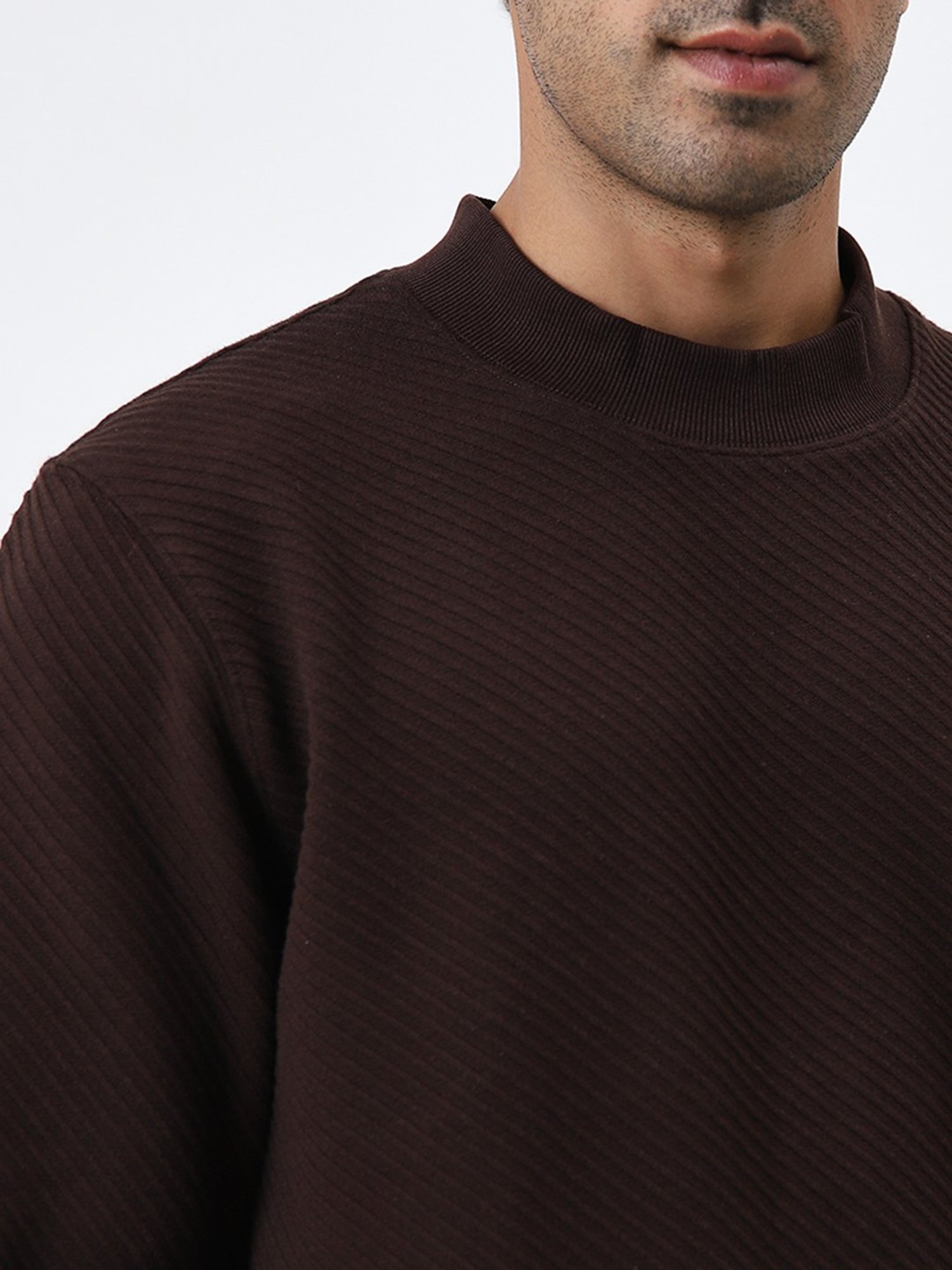 Ascot by Westside Dark Brown Ribbed Textured Relaxed Fit Sweatshirt