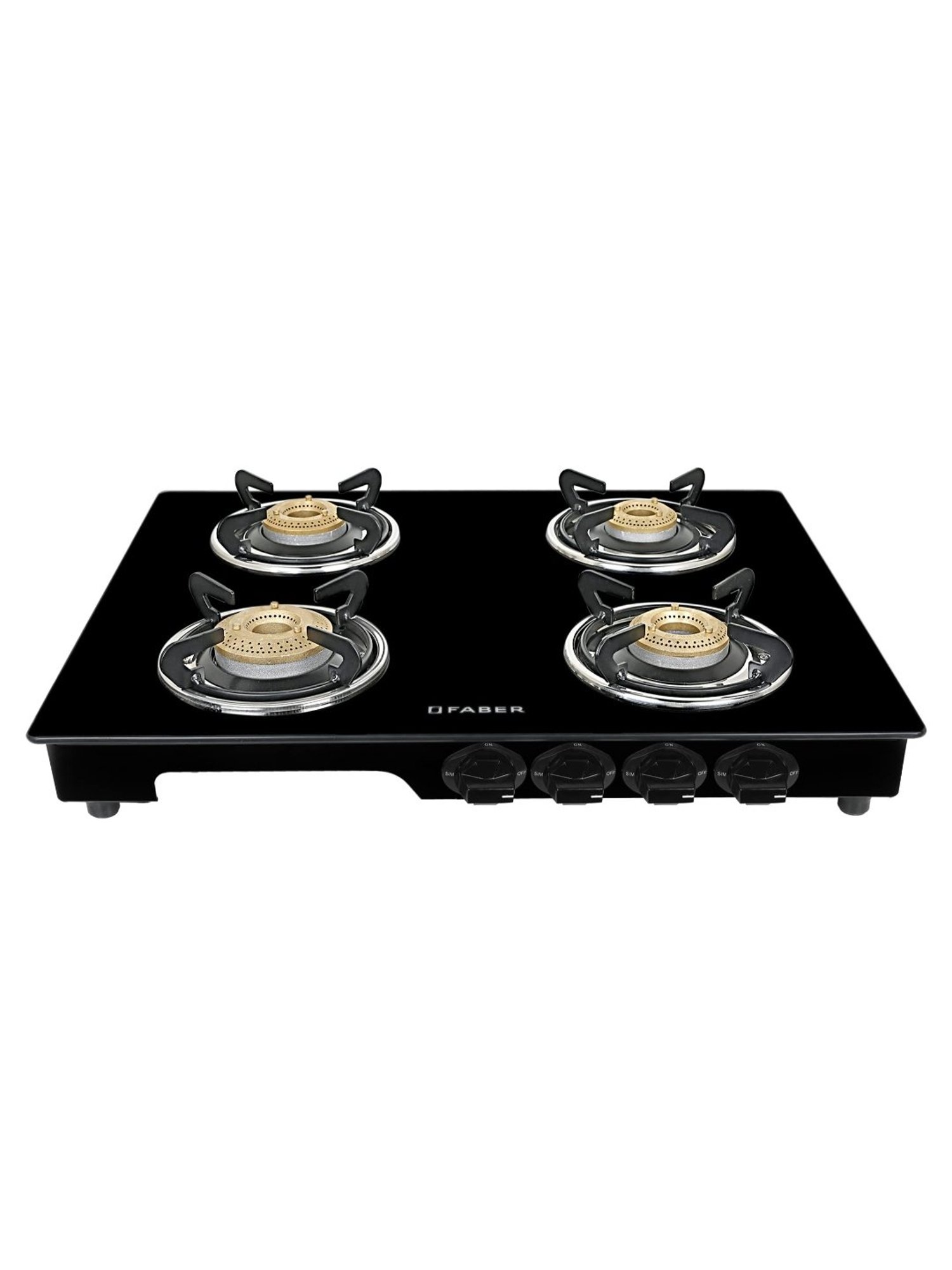 Faber Glass Top 4 Burner Gas Stove with Jumbo Burner, Powder Coated Pan Support (Black)