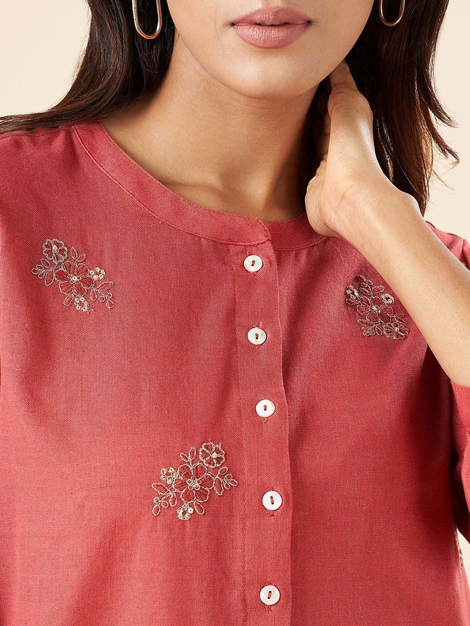 Akkriti by Pantaloons Rust Cotton Embroidered Tunic