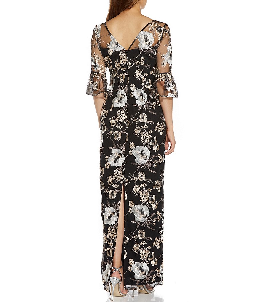Adrianna Papell Floral Embroidered V-Neck Elbow Bell Sleeve Gown