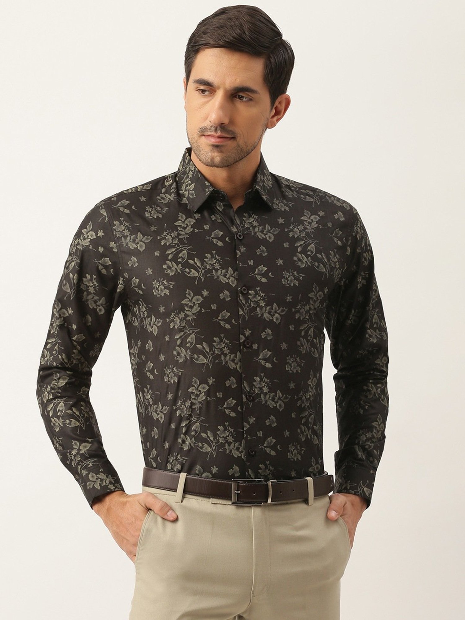 Sojanya Black Cotton Regular Fit Floral Print Shirt