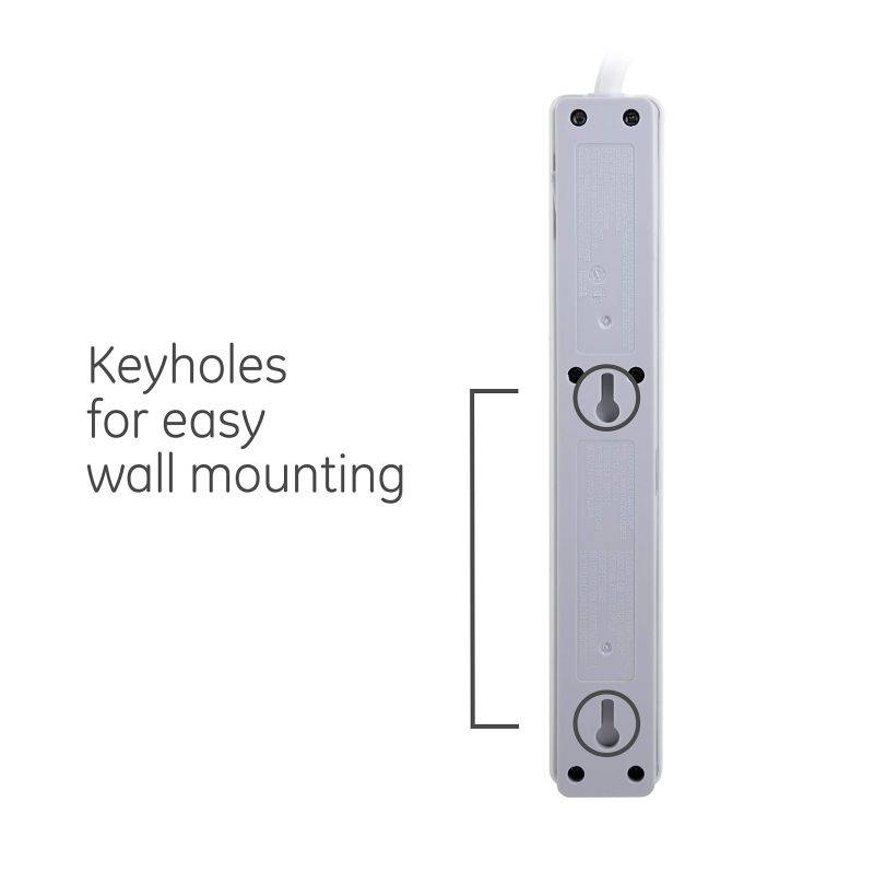 GE 6 Outlet Surge Protector, 10 Ft Extension Cord, Power Strip, 800 Joules, Flat Plug, Twist-to-Close Safety Covers, White, 14092