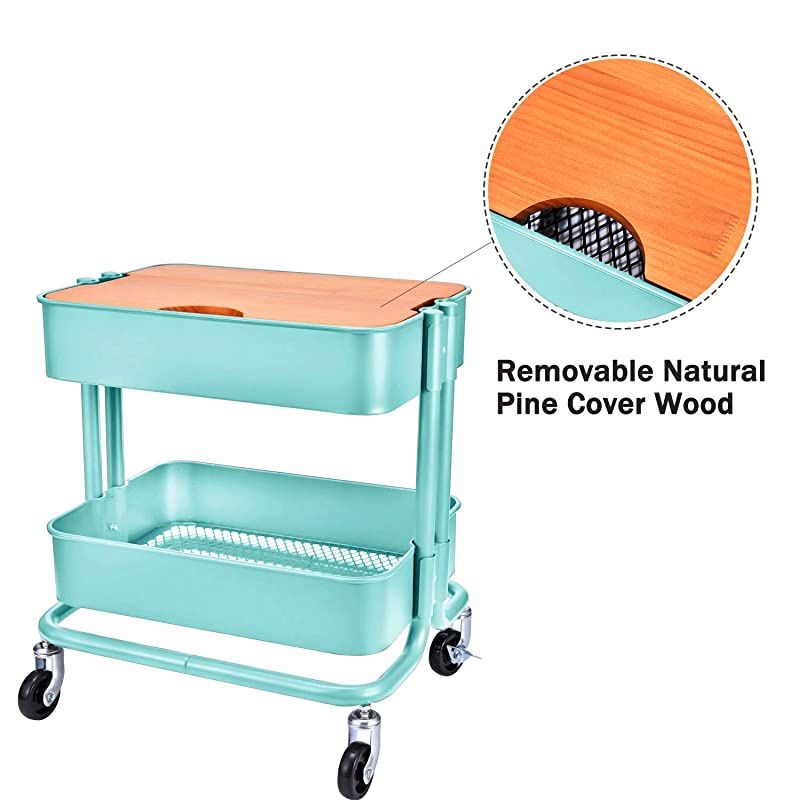 Metal Utility Rolling Cart Storage Side End Table with Cover Board for Office Home Kitchen Organization, Turquoise
