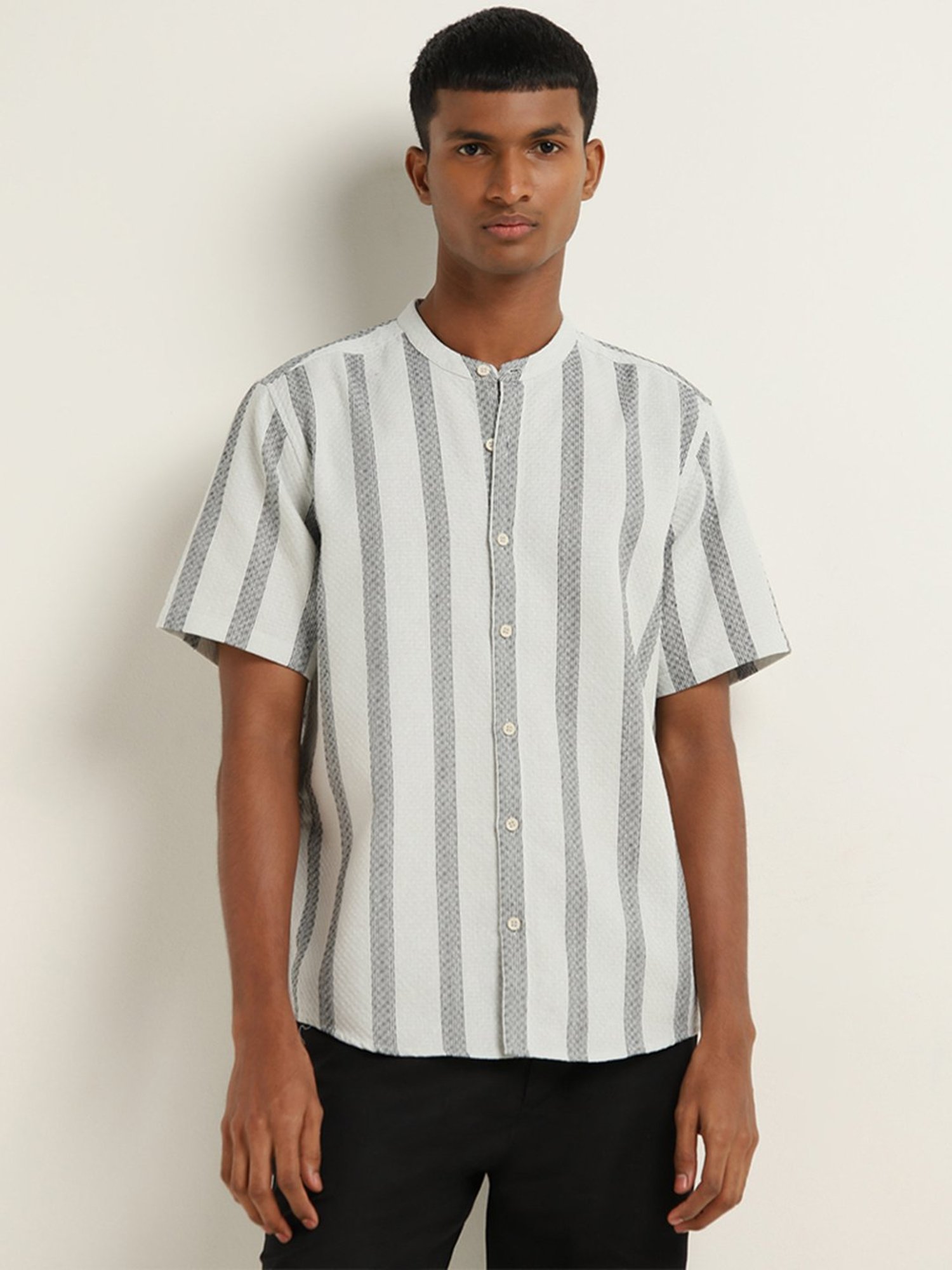 ETA by Westside Grey Striped Design Resort-Fit Cotton Shirt