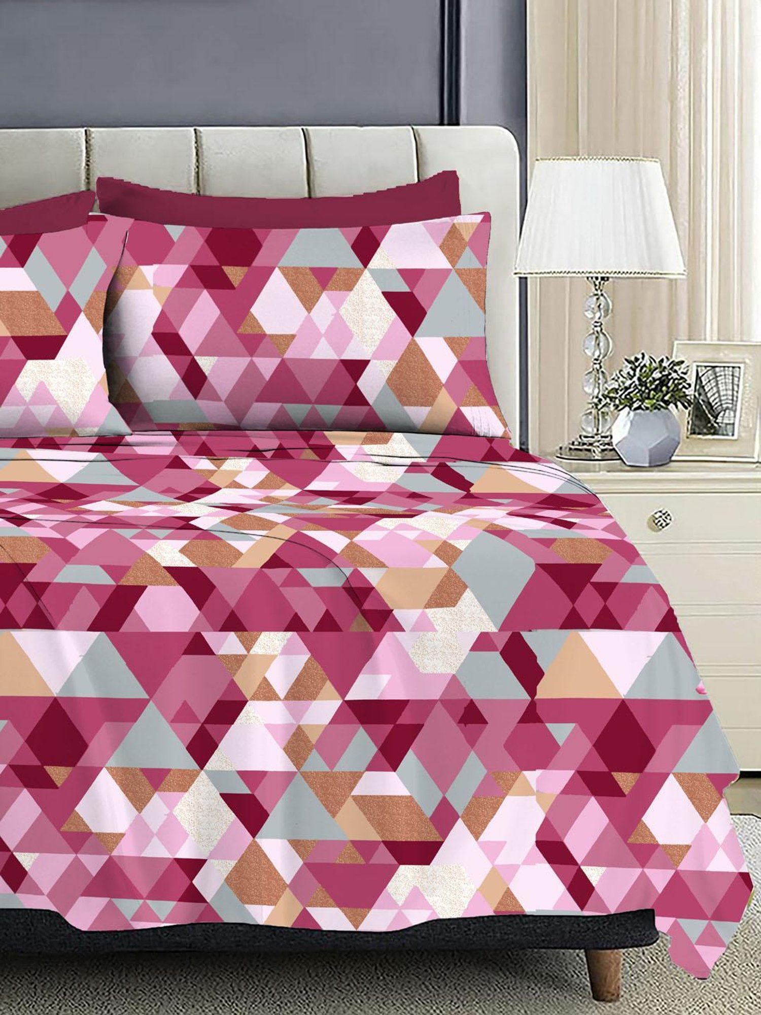 Ariana Sorrento Wine Cotton Geometric Cotton Bed Sheet