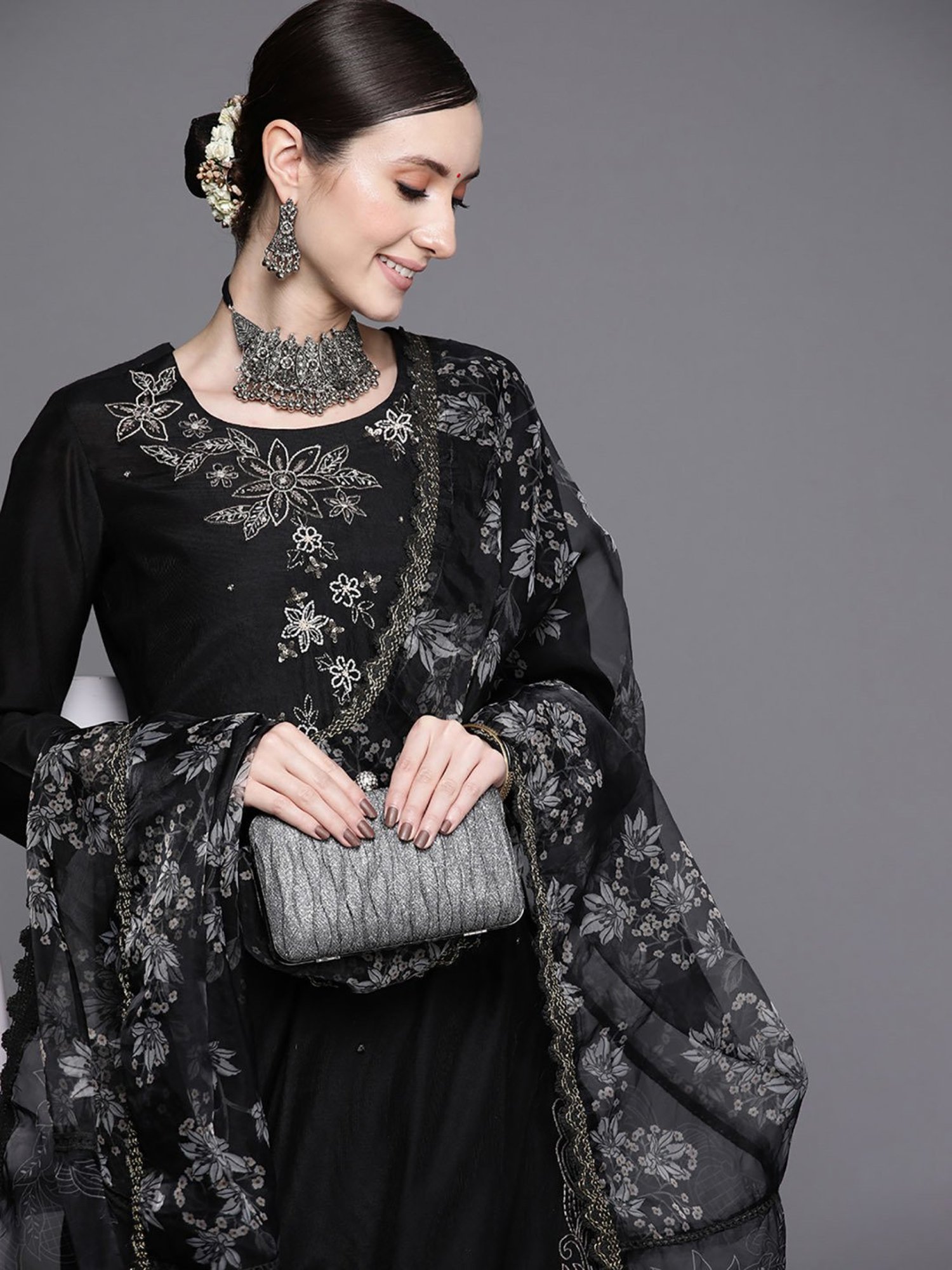 Indo Era Black Embroidered Kurta Pant Set With Dupatta