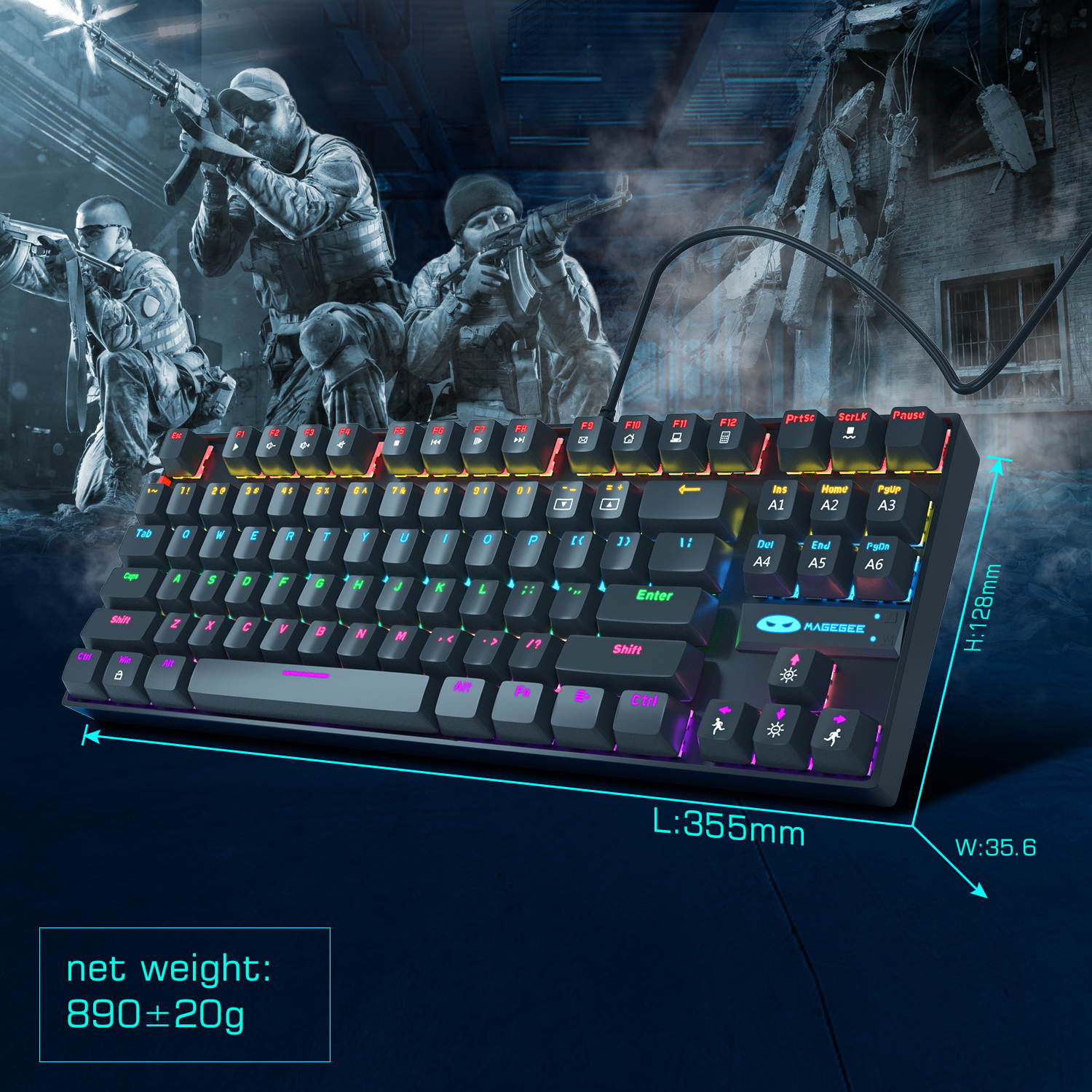 MageGee Mechanical Gaming Keyboard Compact 87 Keys LED Rainbow Backlit Wired Computer Keyboard with Blue Switches for Windows Gaming PC (Black)