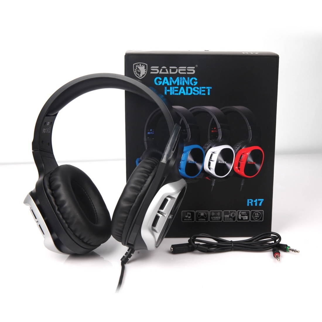SADES R17 3.5mm Wired Adjustable Gaming Headphone with Retractable Microphone & 1 to 2 3.5mm Audio Cable, Speaker Diameter: 50mm, Impedance: 32ohms, Length: 1.5m(Silver+Black)