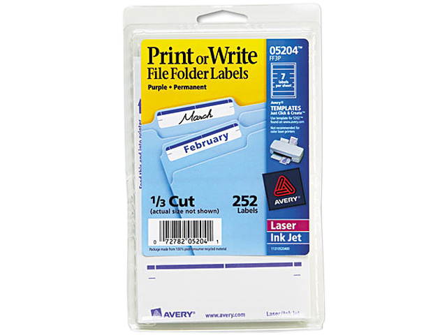Avery 05204 Print or Write File Folder Labels, 11/16 x 3-7/16, White/Purple Bar, 252/Pack
