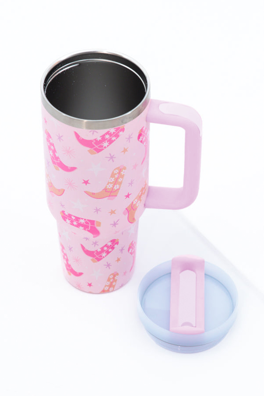 Pink Checkered Print Handled Stainless Steel Tumbler Cup