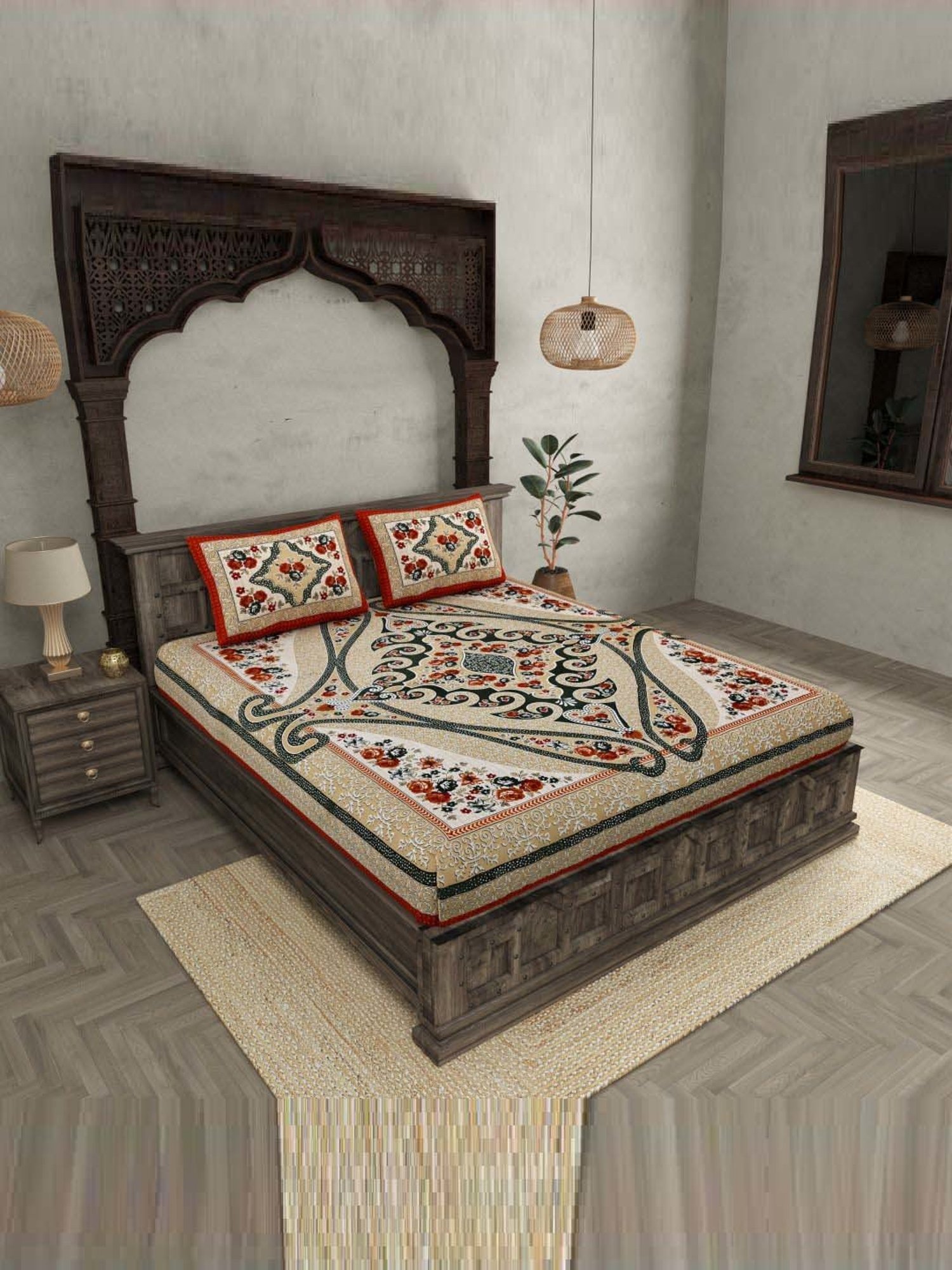 JaipurFabric Brown & Green 240 TC 100% Cotton Fresh Delight Double Bedsheet with 2 Pillow Covers