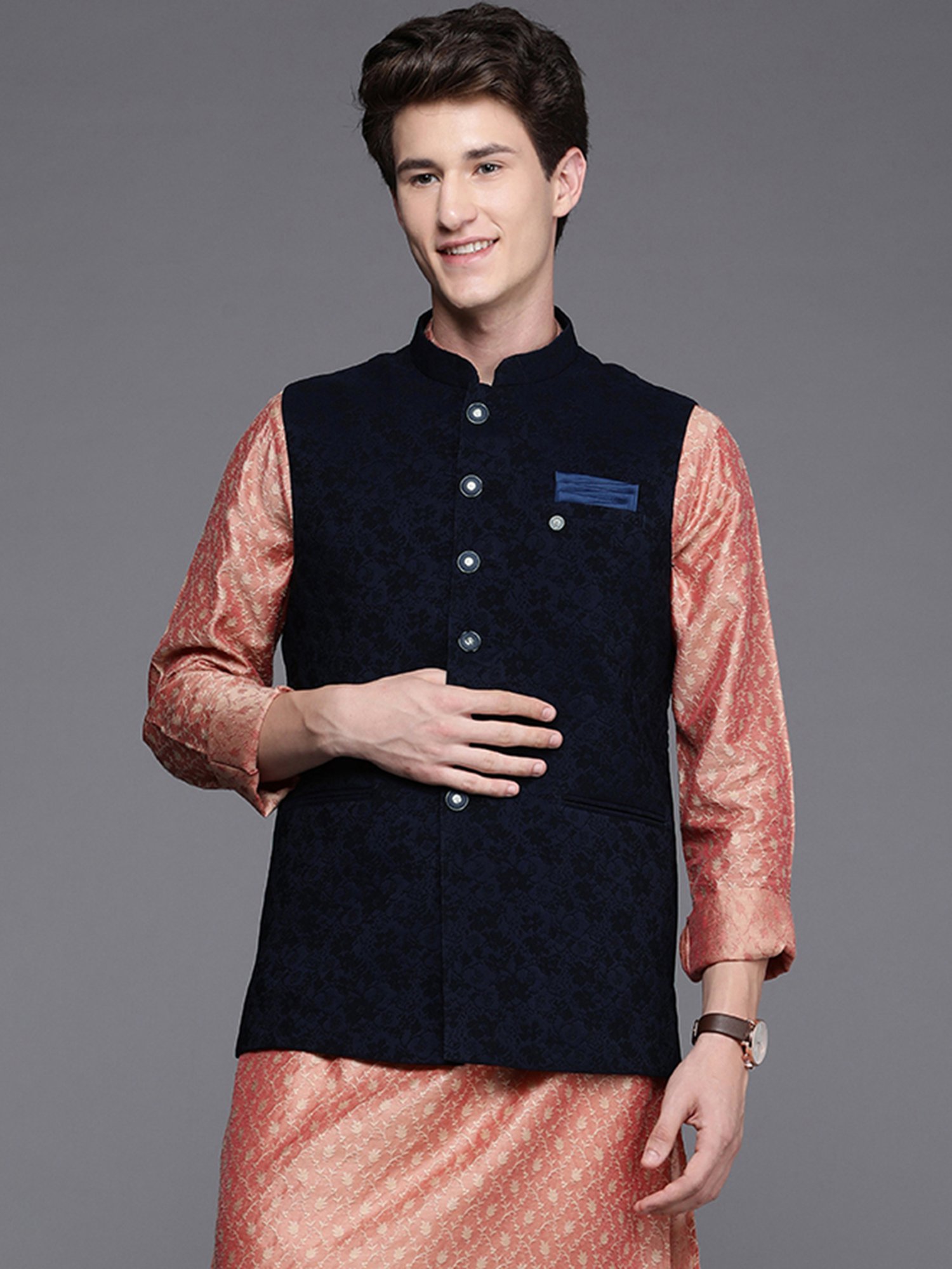 Manyavar Blue Regular Fit Self Design Nehru Jacket