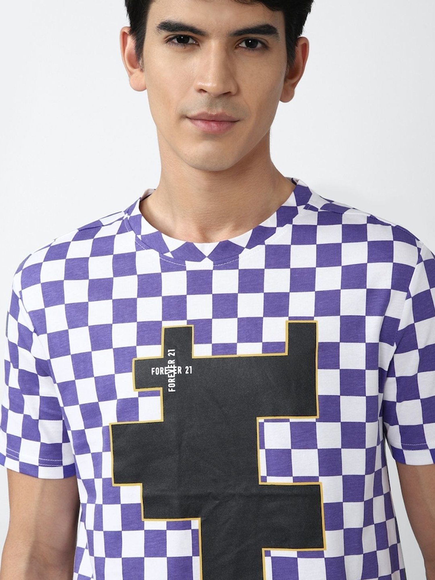 Forever 21 Purple & White Cotton Regular Fit Check T-Shirt