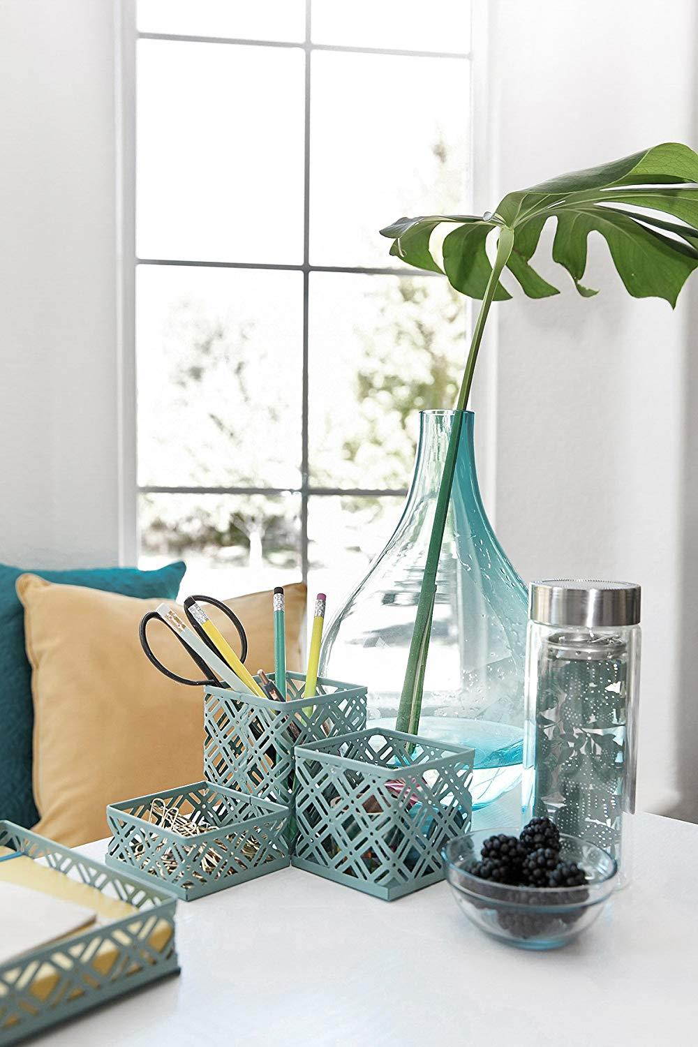 Blu Monaco Office Supplies Teal Blue Desk Organizers and Accessories-5 Piece Interlocking Cute Desk Organizer Set-Letter Tray-Pen Cup-3 Assorted Accessory Trays-Room Decor for Women and Teen Girls