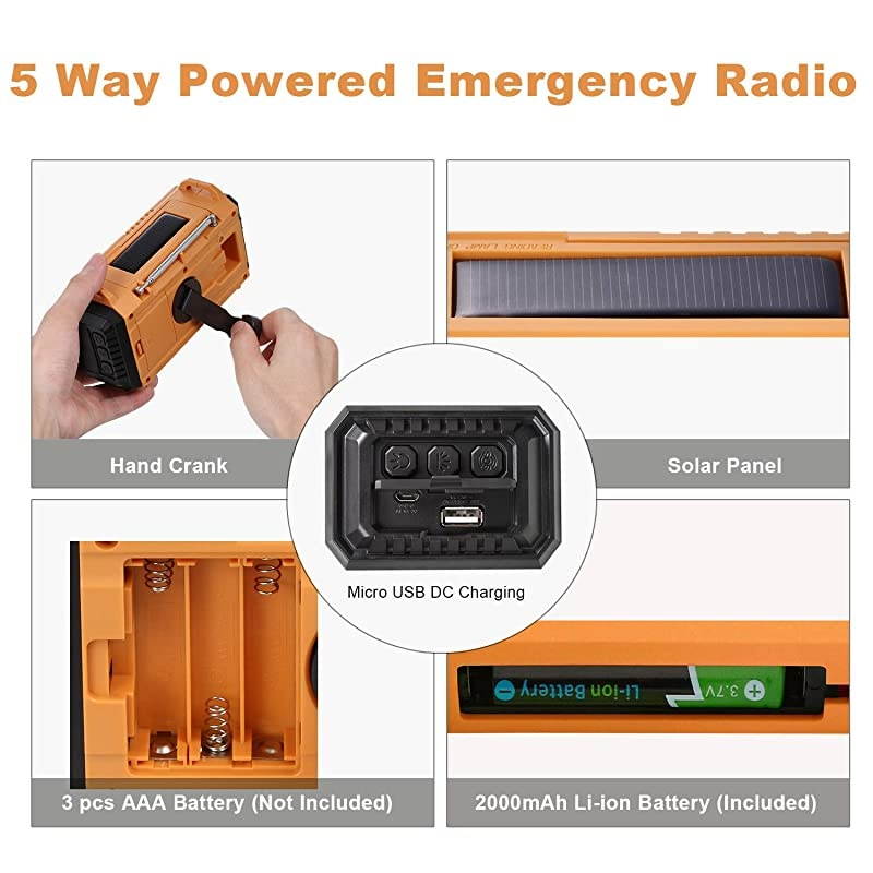 Powered Solar Hand Crank NOAA Weather Alert RadioAMFM Shortwave Survival Portable Outdoor Emergency Radio2000mAh Rechargeable Battery Cellphone USB ChargerLED Camping FlashlightSOSampCompass