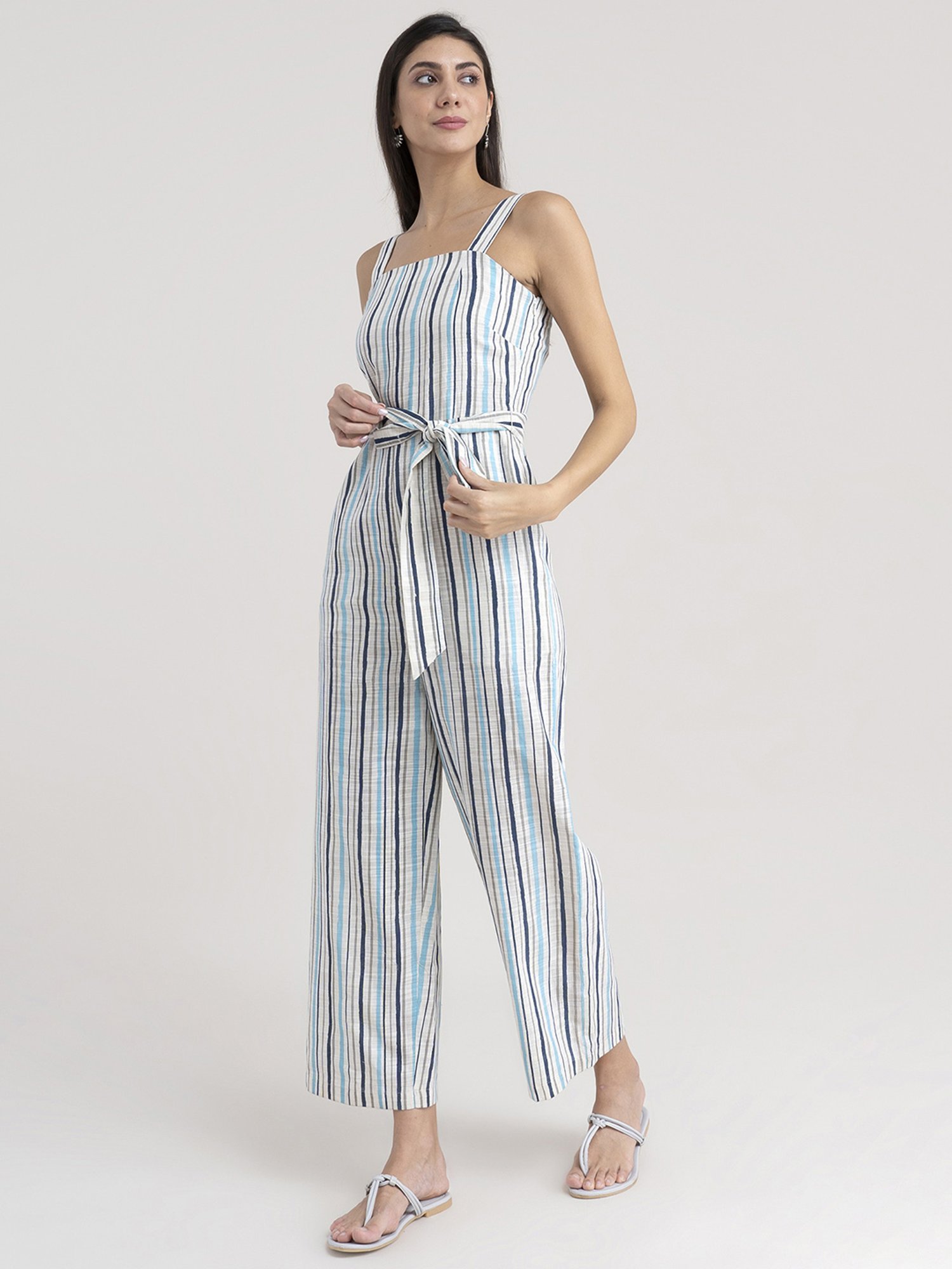 Pink Fort Off-White & Blue Cotton Striped Jumpsuit
