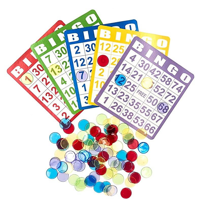 Bingo Game Set with 50 Bingo Cards and 500 Colorful Transparent Bingo Chip