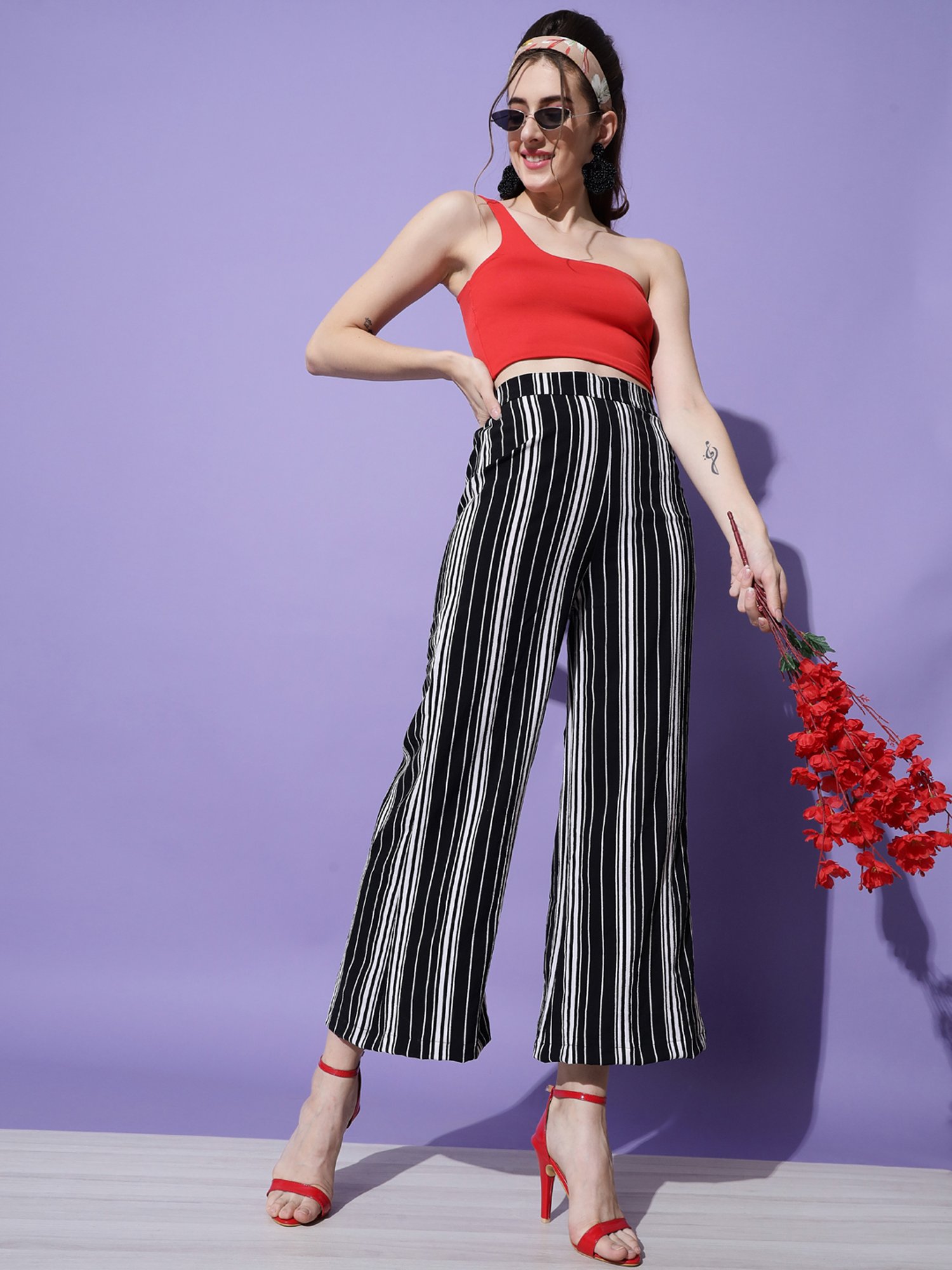 Trend Arrest Black & White Striped Relaxed Fit High Rise Regular Pants
