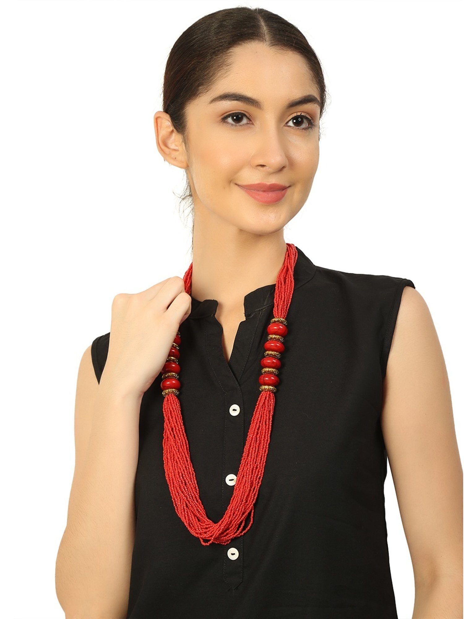 Imli Street Red Golden Long Beaded Handcrafted Necklace