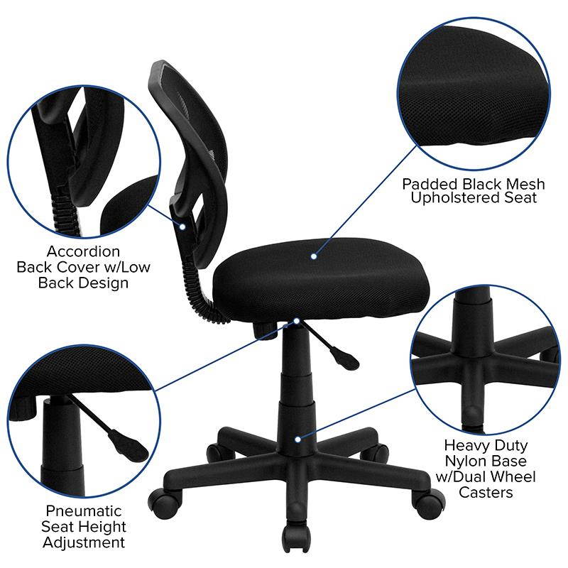 Low Back Black Mesh Swivel Task Office Chair with Curved Square Back