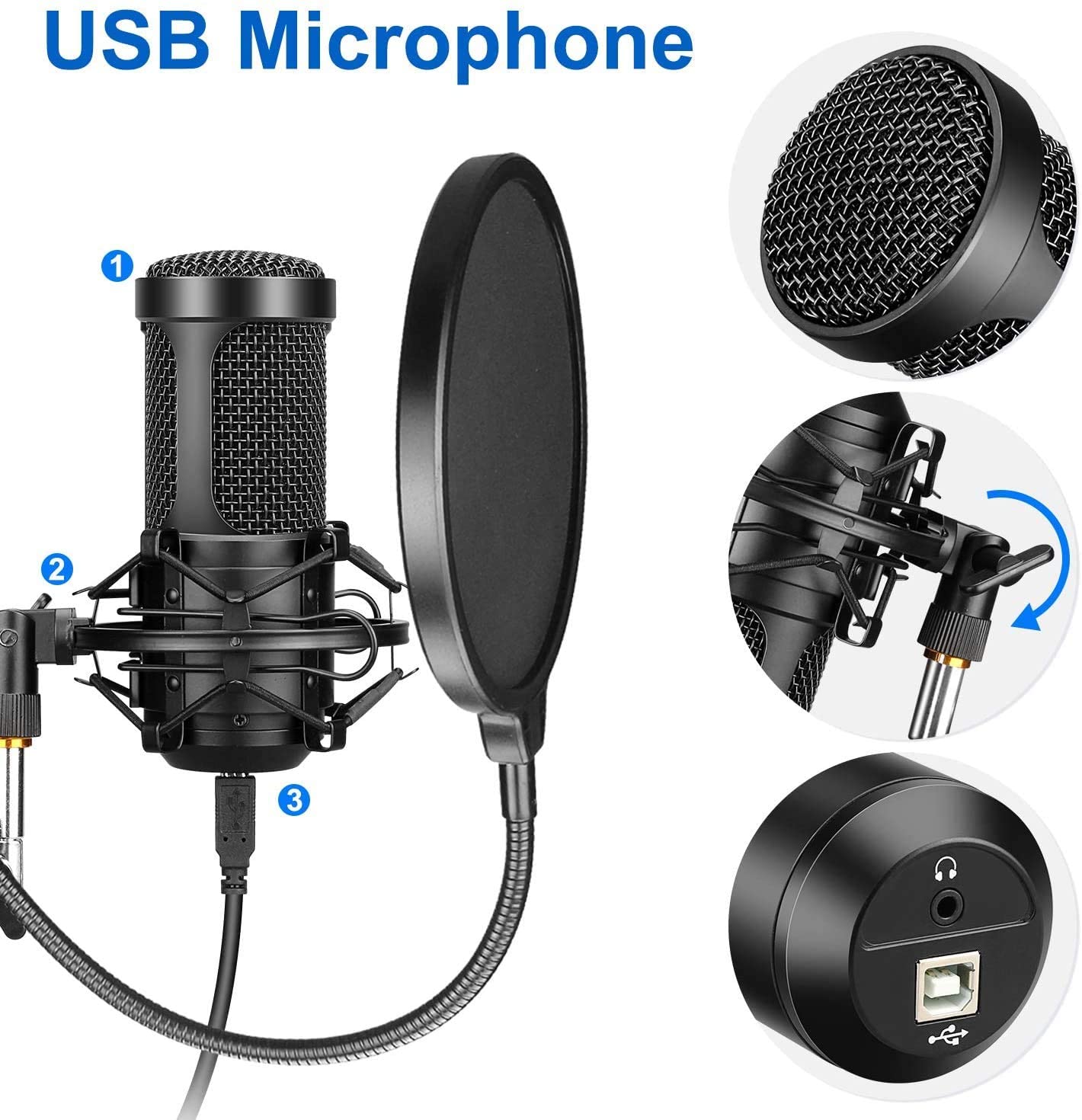 Professional USB Streaming Podcast PC Microphone with AK-35 Suspension Scissor Arm Stand, Shock Mount, Pop Filter, Foam Cover, for Skype, Youtuber, Karaoke, Gaming, Recording, Discord