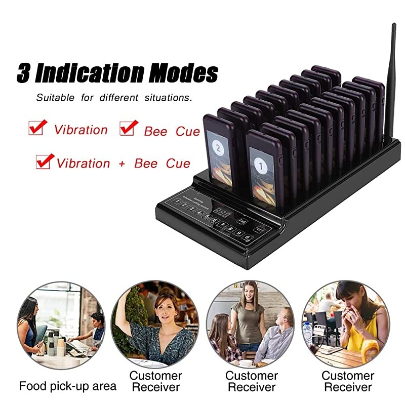 43392MHz Wireless Calling System 999channel High Sensitivity Guest Paging System with 20 Rechargeable Pagers Receivers and 1 Transmitter Suitable for RestaurantUS Plug