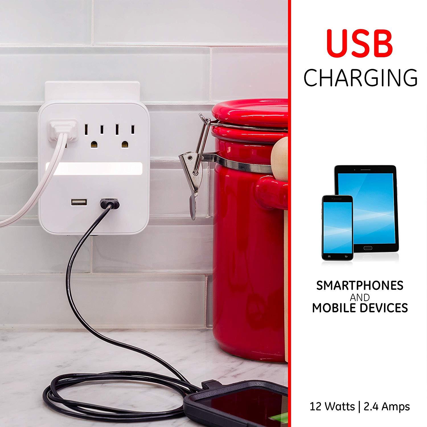 GE Pro USB Charging Surge Protector with Light Sensing Night Light, 3 Outlets, 2 USB Ports, Wall Charger, Dusk to Dawn Sensor, 3 Outlets, 2 USB Ports, 440 Joules, White, 41628