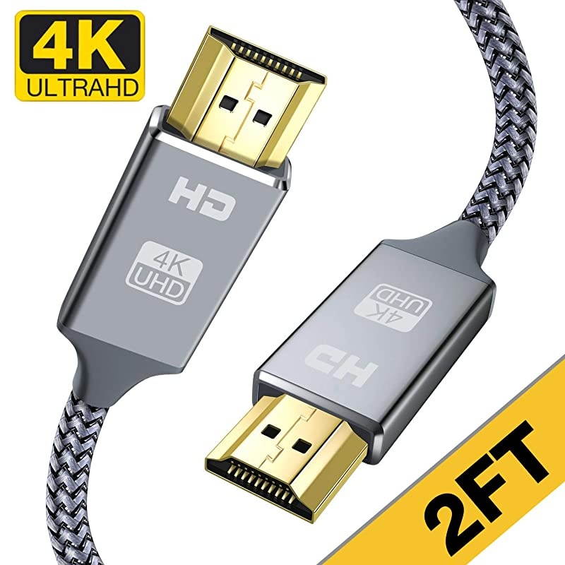 4K HDMI Cable, 2FT HDMI Cord High Speed 18Gbps HDMI to HDMI Cable,4K, 3D, 2160P, 1080P, Ethernet - 28AWG Braided HDMI 2.0 Cable - Audio Return Compatible UHD TV, Blu-ray, PS4/3, Monitor, PC